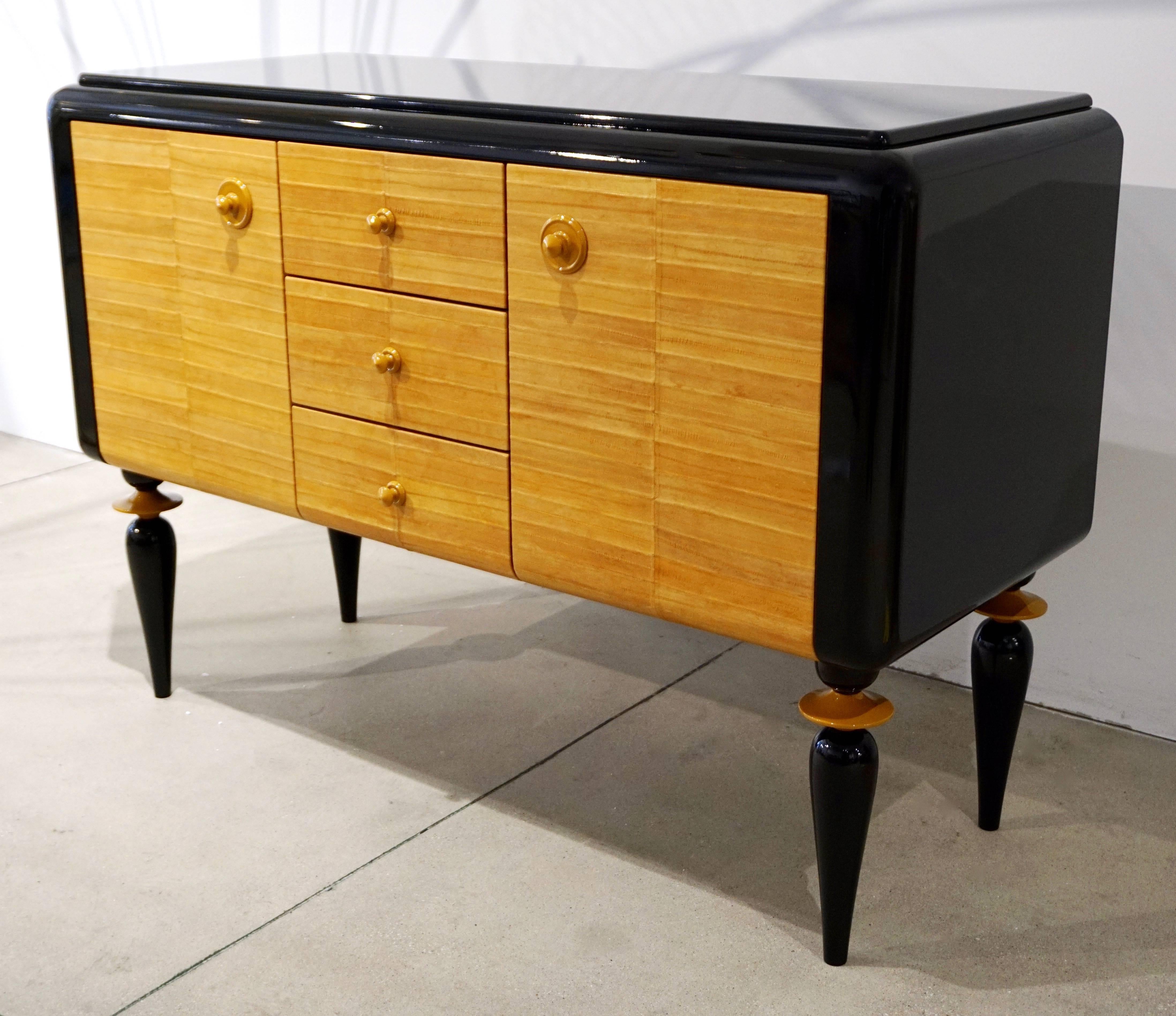 Italian Contemporary Art Deco Design Black Lacquered Yellow Leather Sideboard 1
