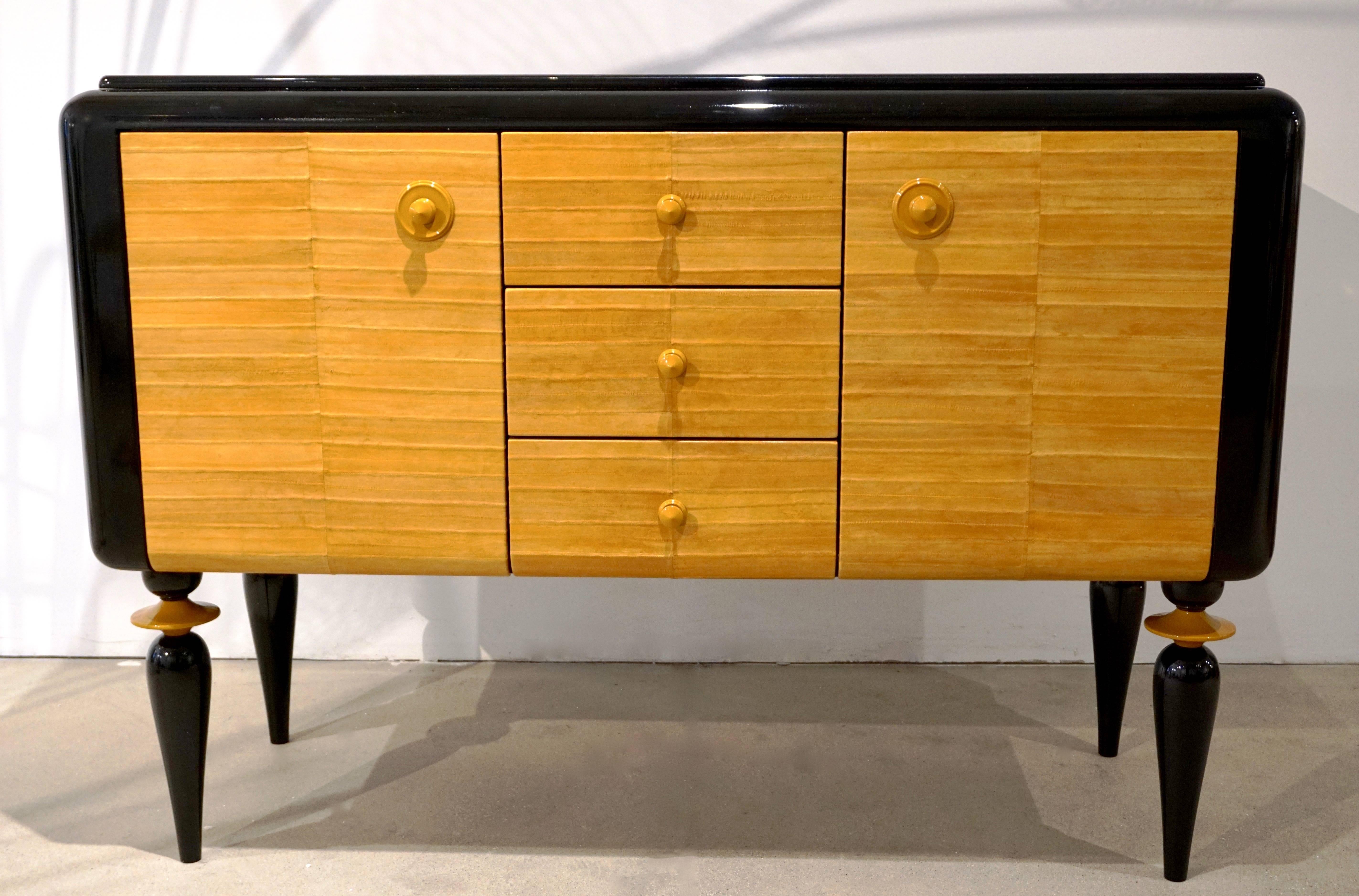 Italian Contemporary Art Deco Design Black Lacquered Yellow Leather Sideboard 3