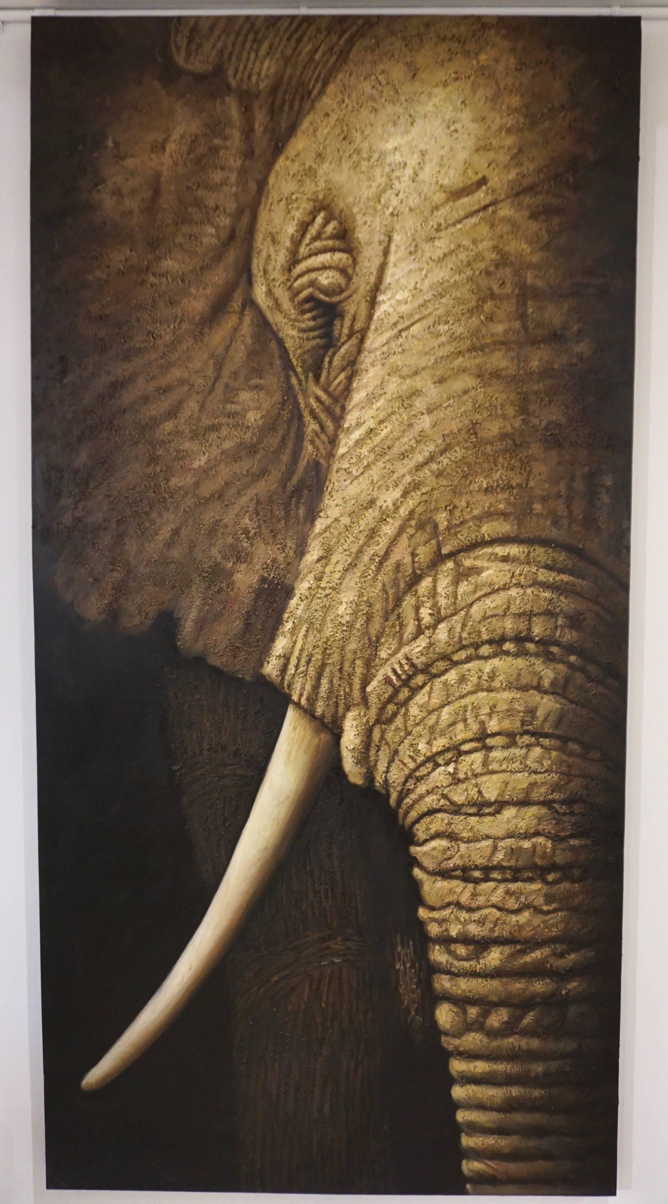 Modern Contemporary Italian Life Size Oil Painting Panel of Elephant