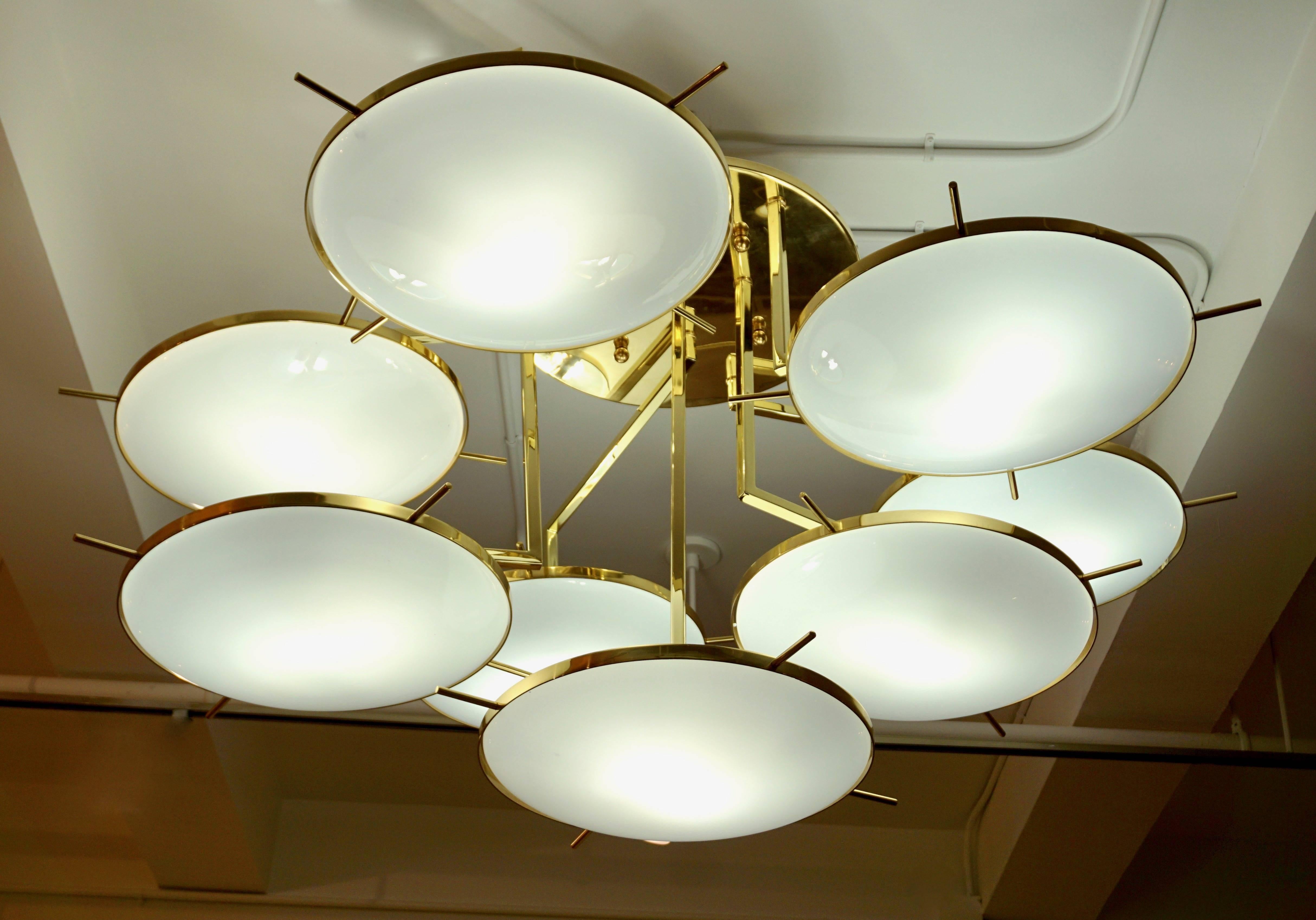 Hand-Crafted Italian Contemporary Multi Level Brass and White Murano Glass Disk Chandelier