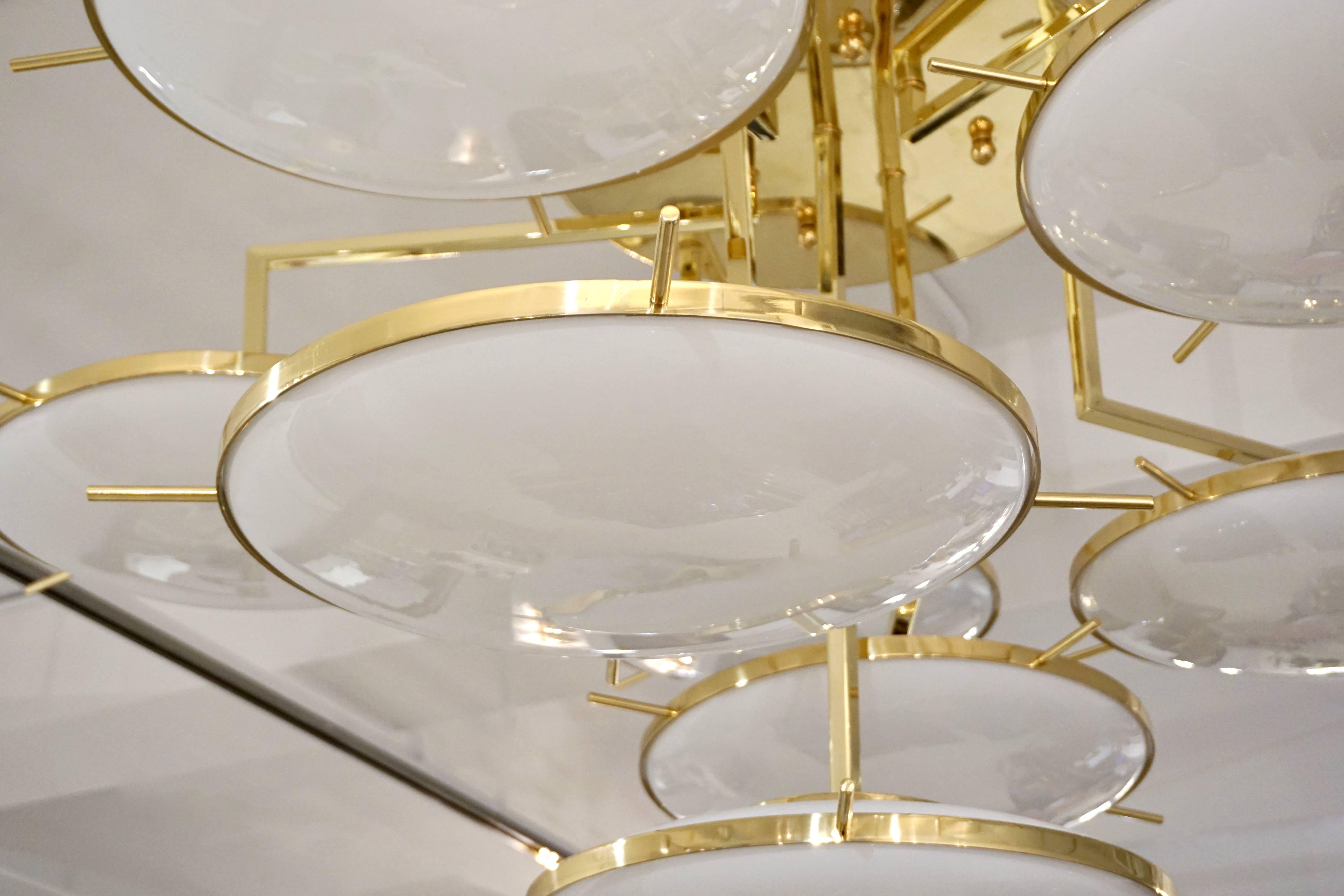 Organic Modern Italian Contemporary Multi Level Brass and White Murano Glass Disk Chandelier