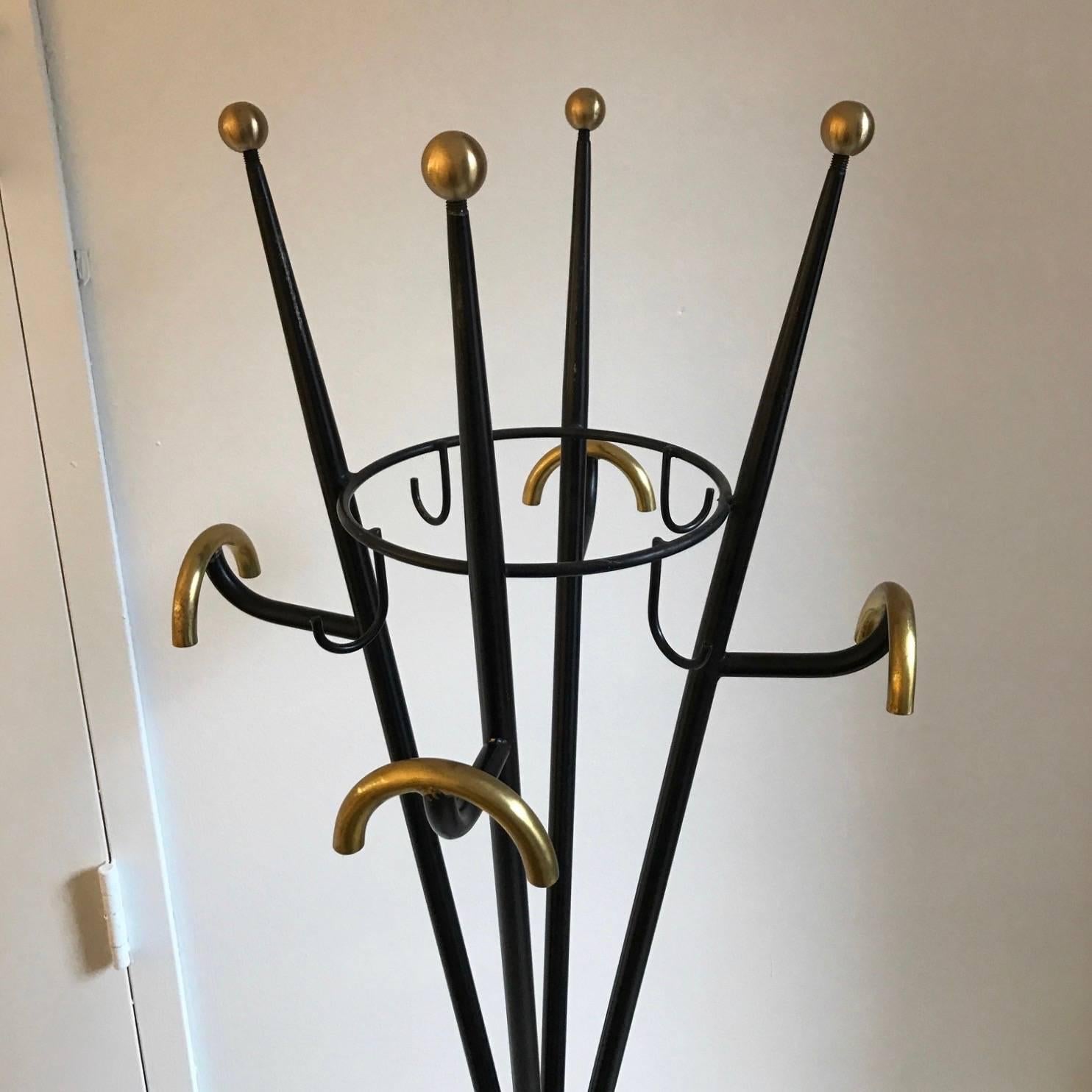 Hand-Crafted 1980s Italian Modern Black Lacquered and Gold Brass Coat Rack or Umbrella Stand