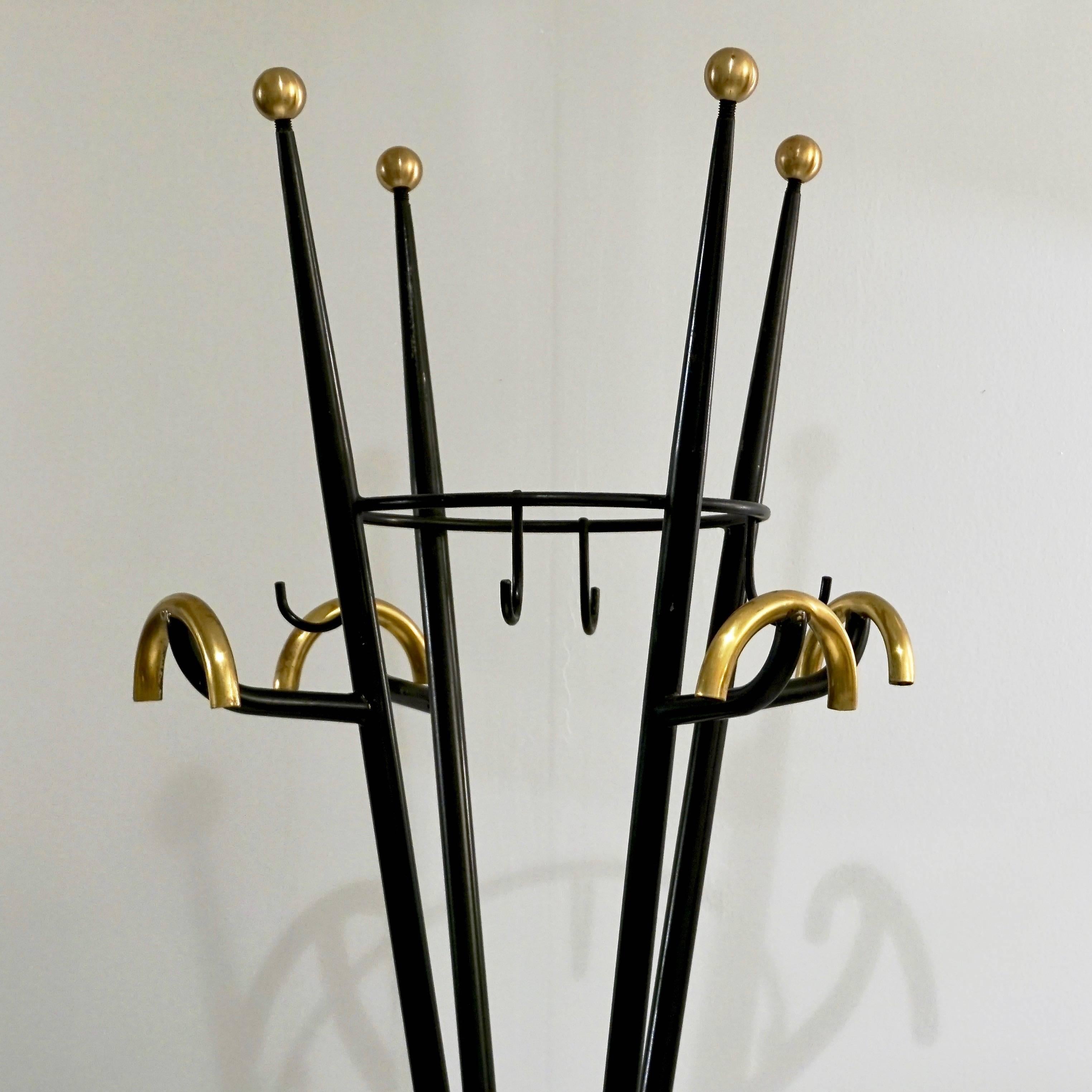 1980s Italian Modern Black Lacquered and Gold Brass Coat Rack or Umbrella Stand 2