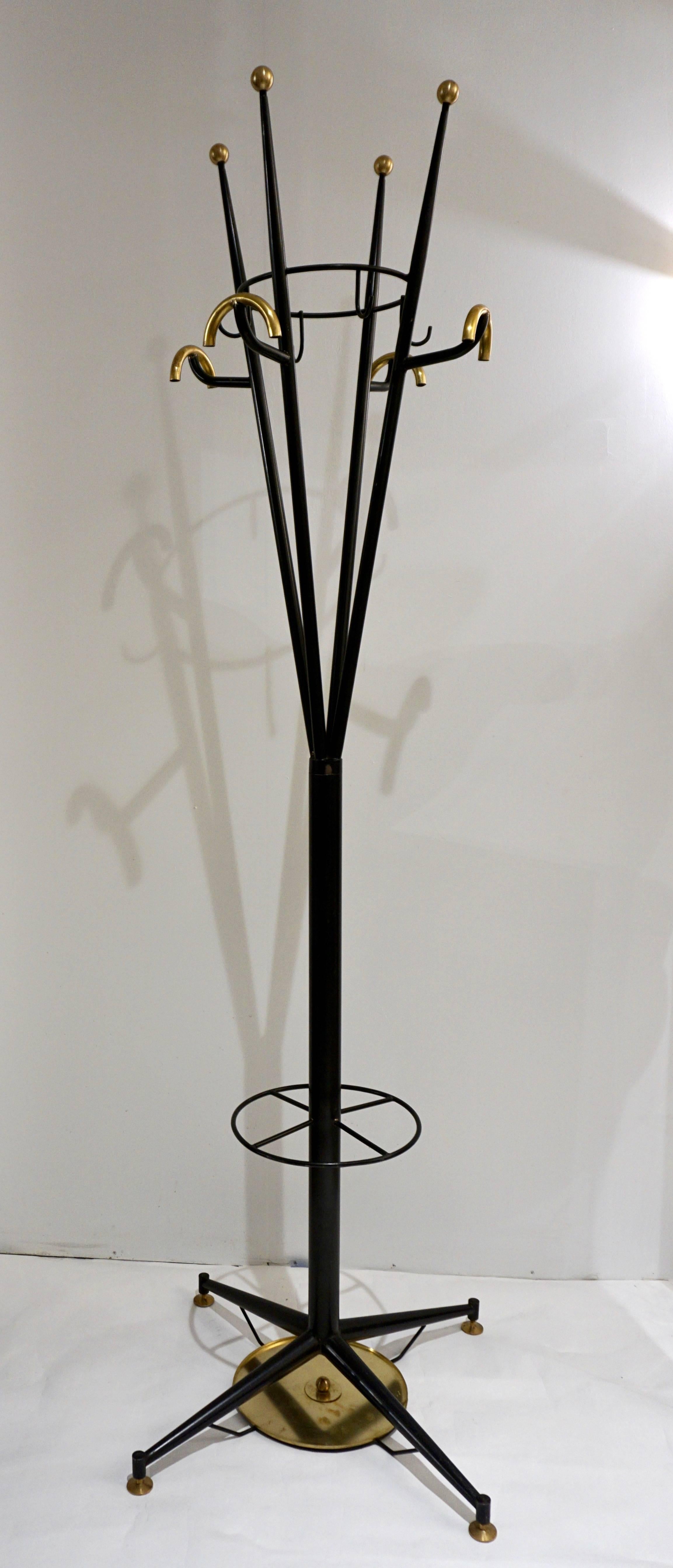 1980s Italian Modern Black Lacquered and Gold Brass Coat Rack or Umbrella Stand 1