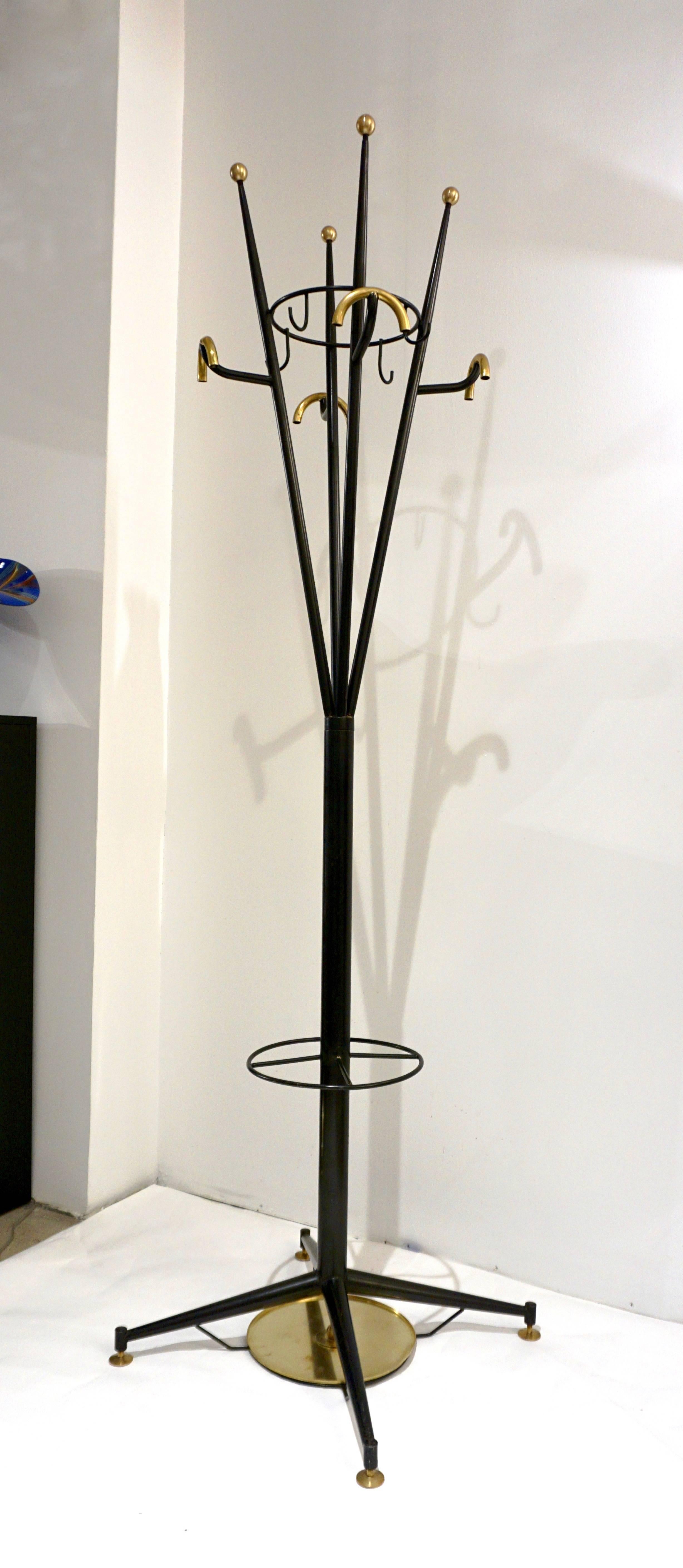 1980s Italian Modern Black Lacquered and Gold Brass Coat Rack or Umbrella Stand 3