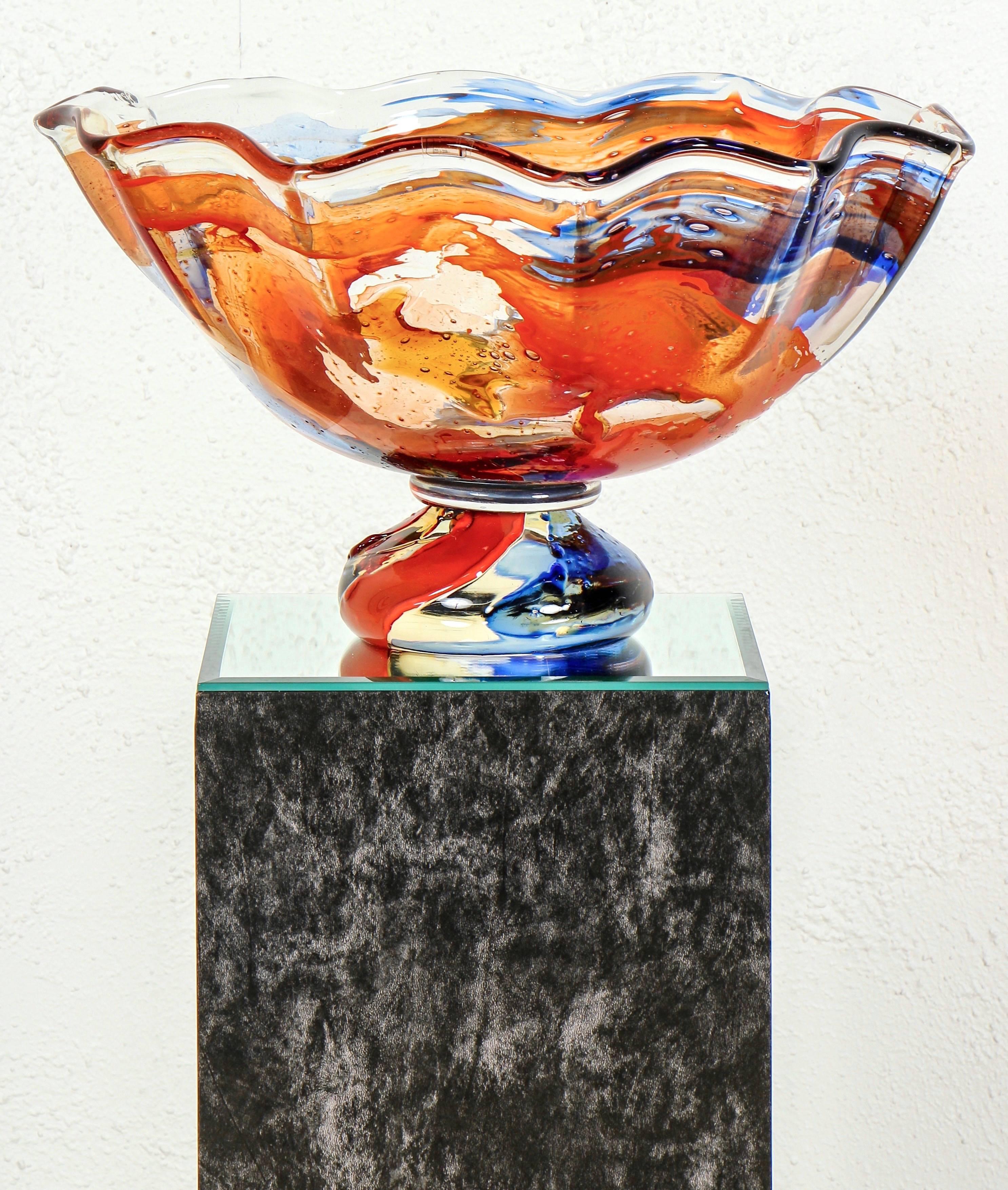 1980s, Mario Badioli Orange Red Blue Murano Glass Scalloped Centerpiece/Bowl 2