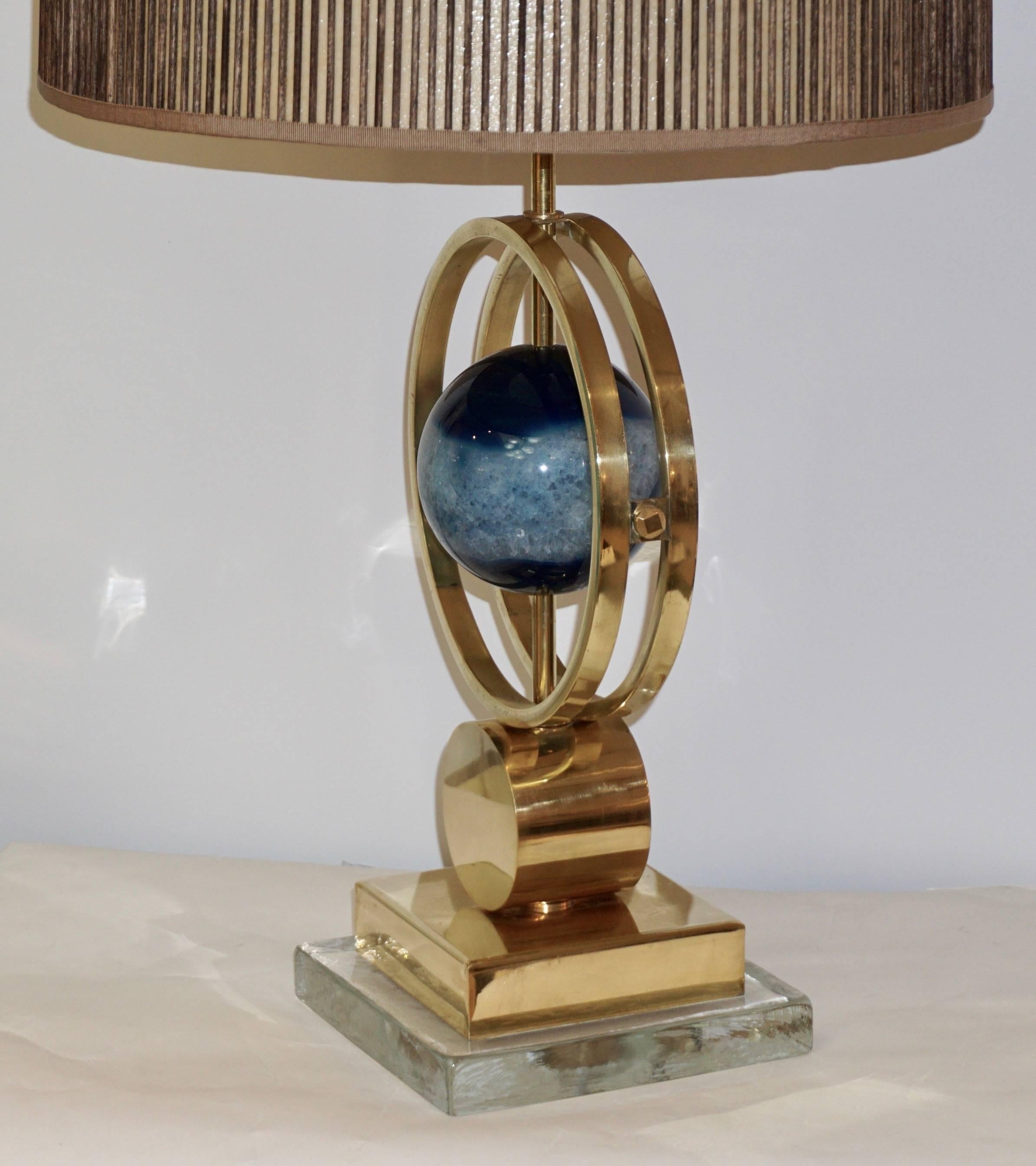 Hand-Carved Italian Modern Pair of Brass Lamps with Whole Round Agate Stones in Blue Tones