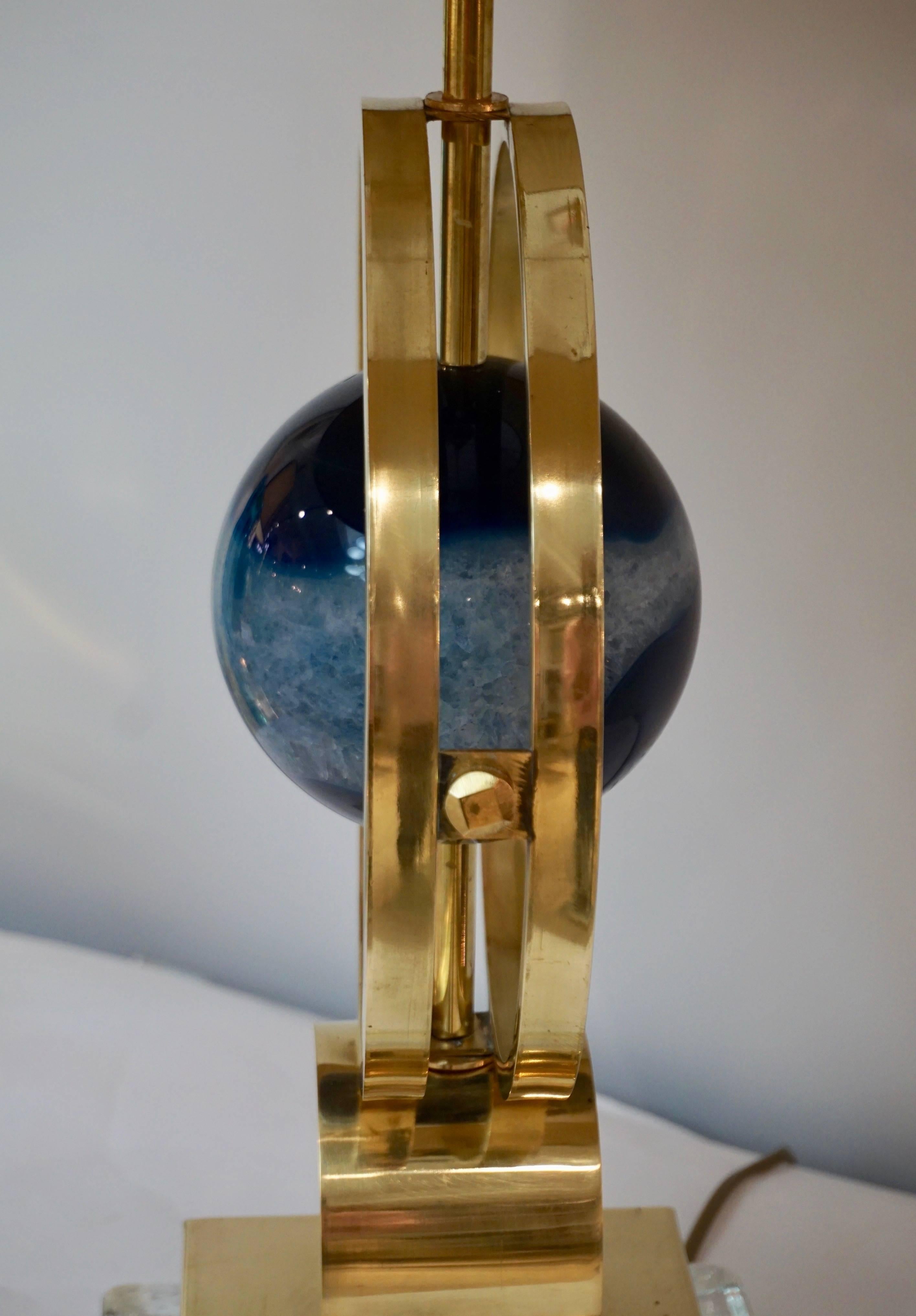 Organic Modern Italian Modern Pair of Brass Lamps with Whole Round Agate Stones in Blue Tones