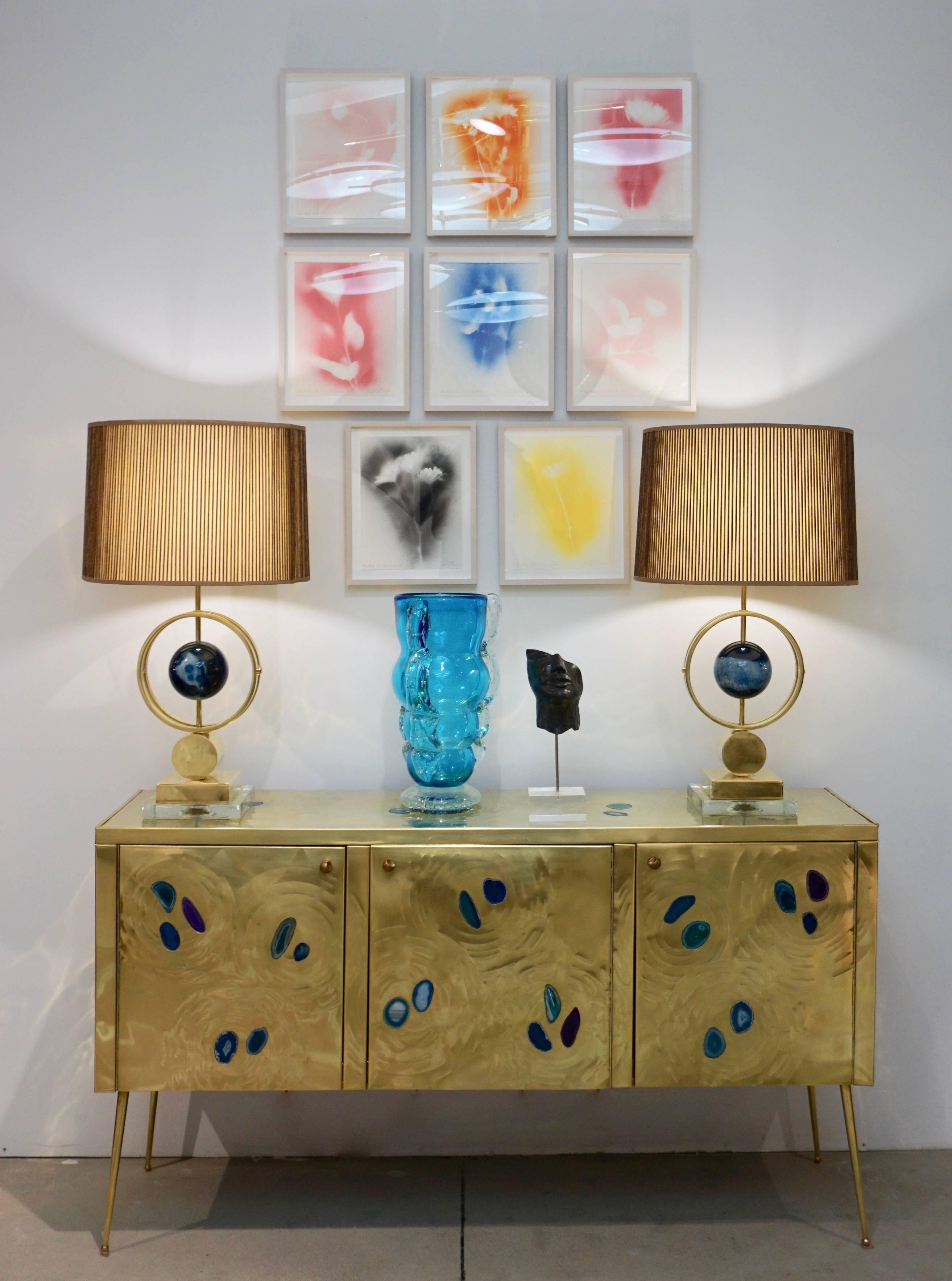Contemporary Italian Modern Pair of Brass Lamps with Whole Round Agate Stones in Blue Tones