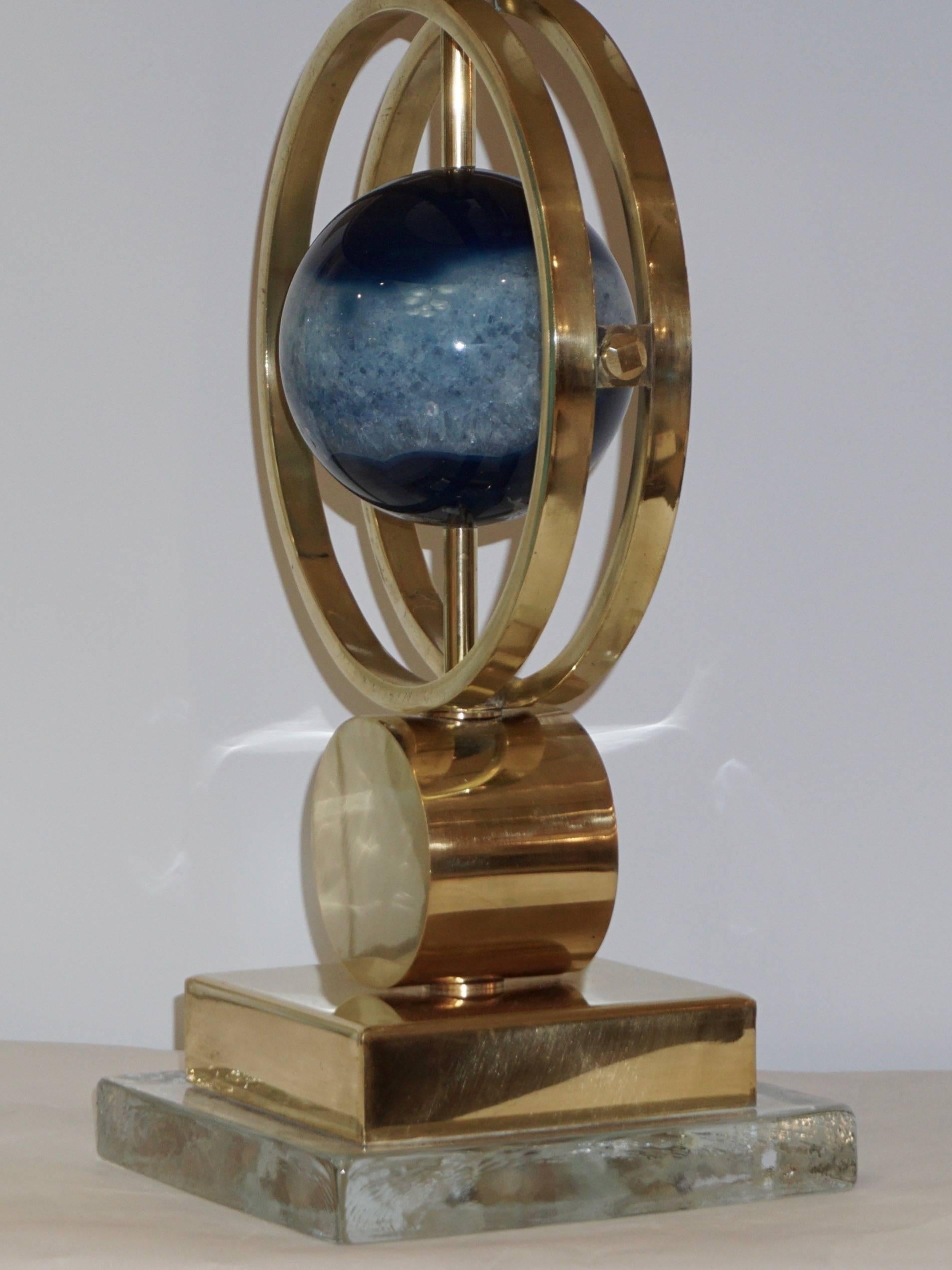 Italian Modern Pair of Brass Lamps with Whole Round Agate Stones in Blue Tones 1