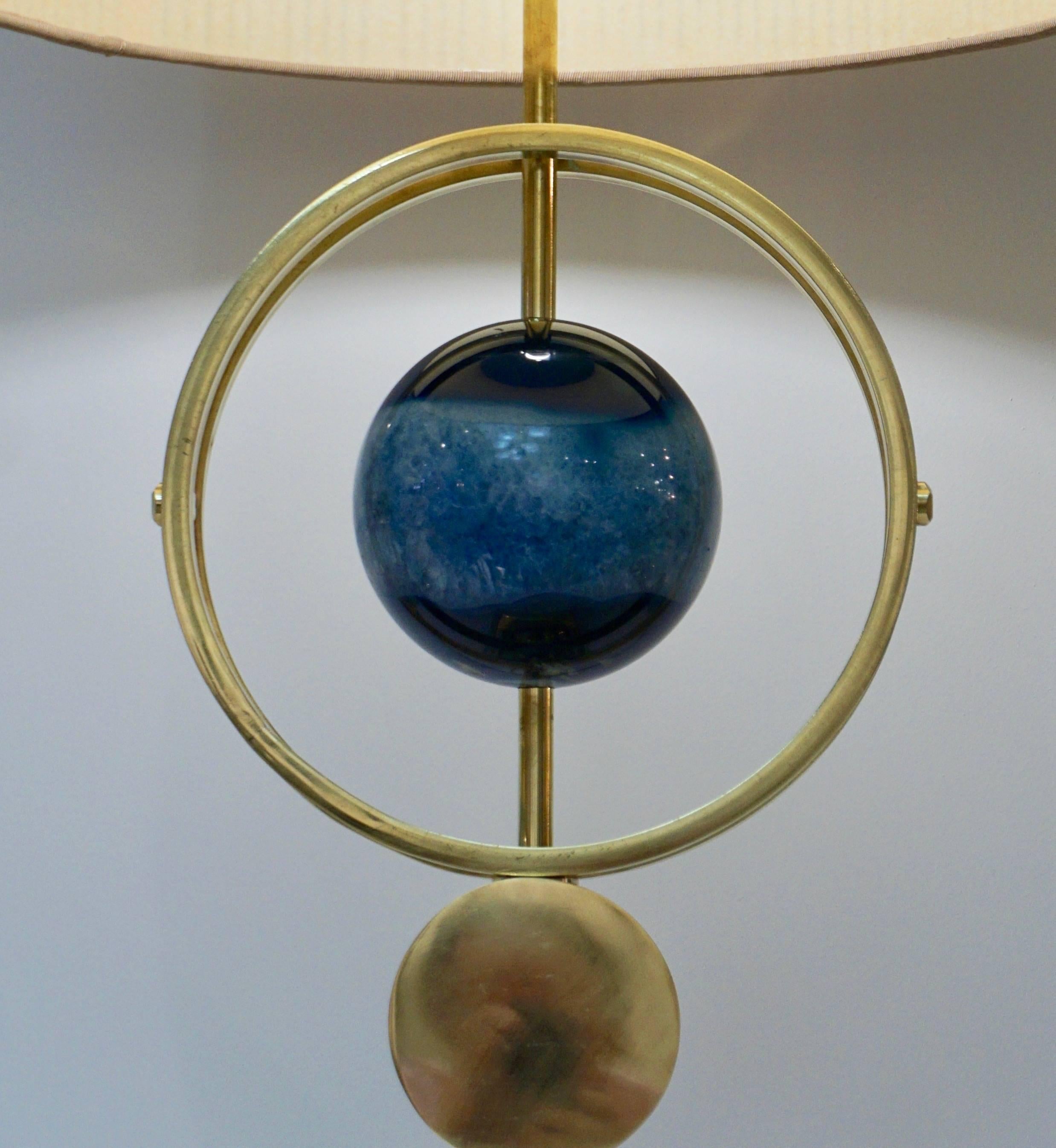 Italian Modern Pair of Brass Lamps with Whole Round Agate Stones in Blue Tones 2
