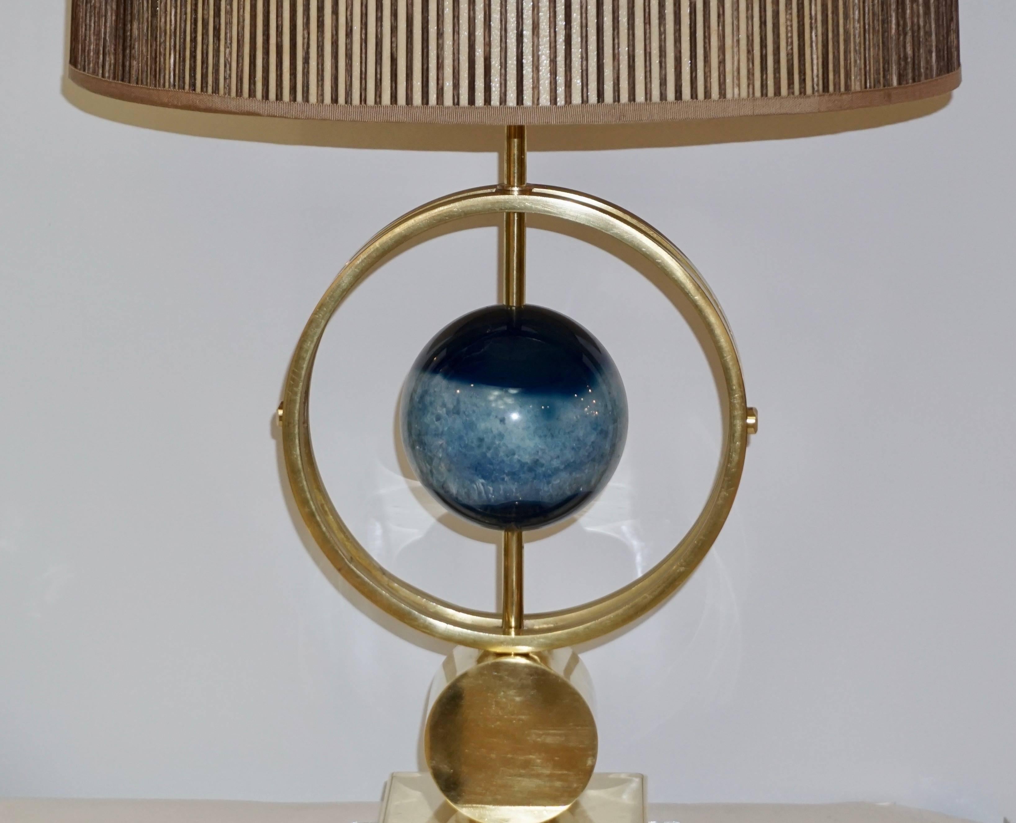Italian Modern Pair of Brass Lamps with Whole Round Agate Stones in Blue Tones 3