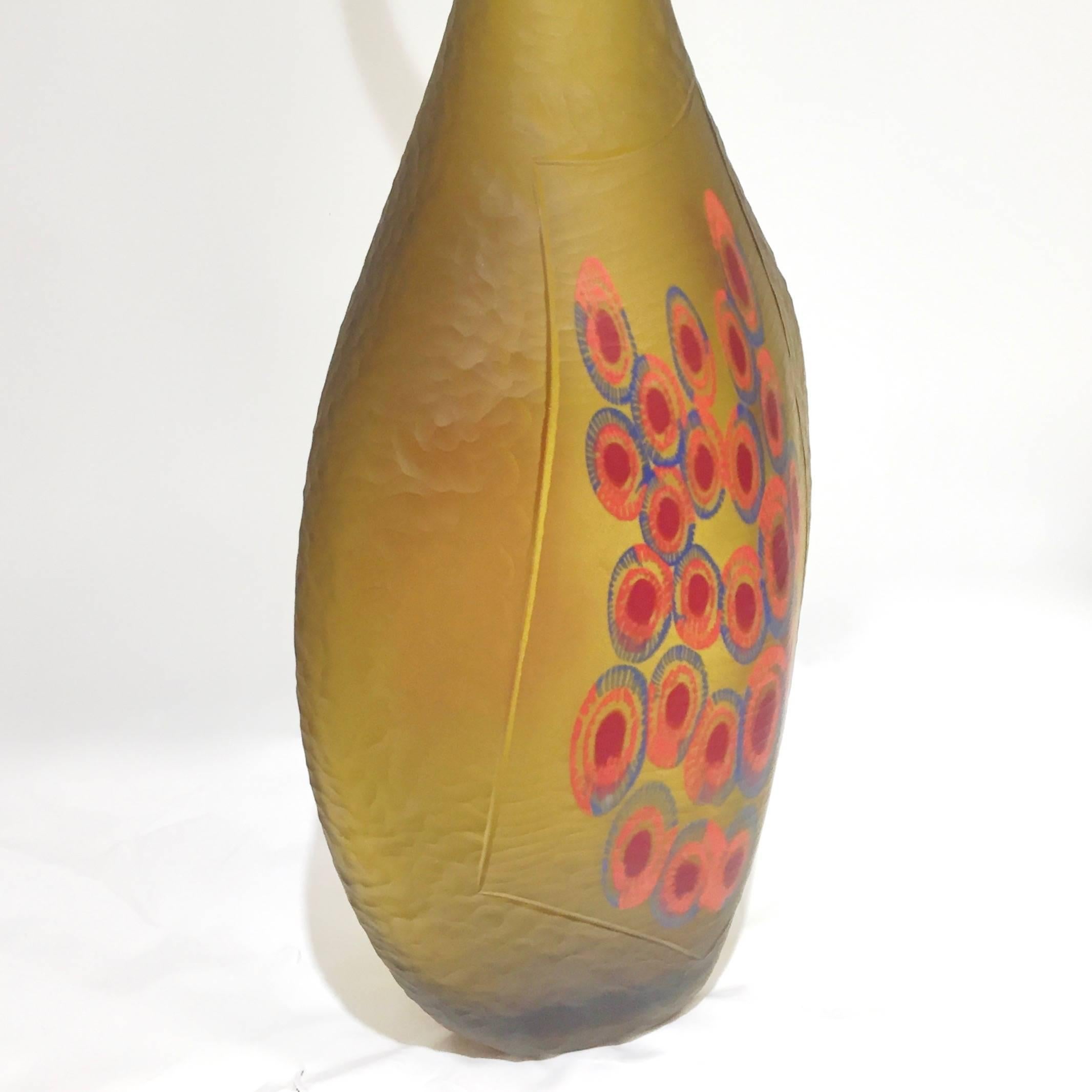 Blown Glass Dona Modern Art Glass Yellow Amber Sculpture Vase with Red and Blue Murrine