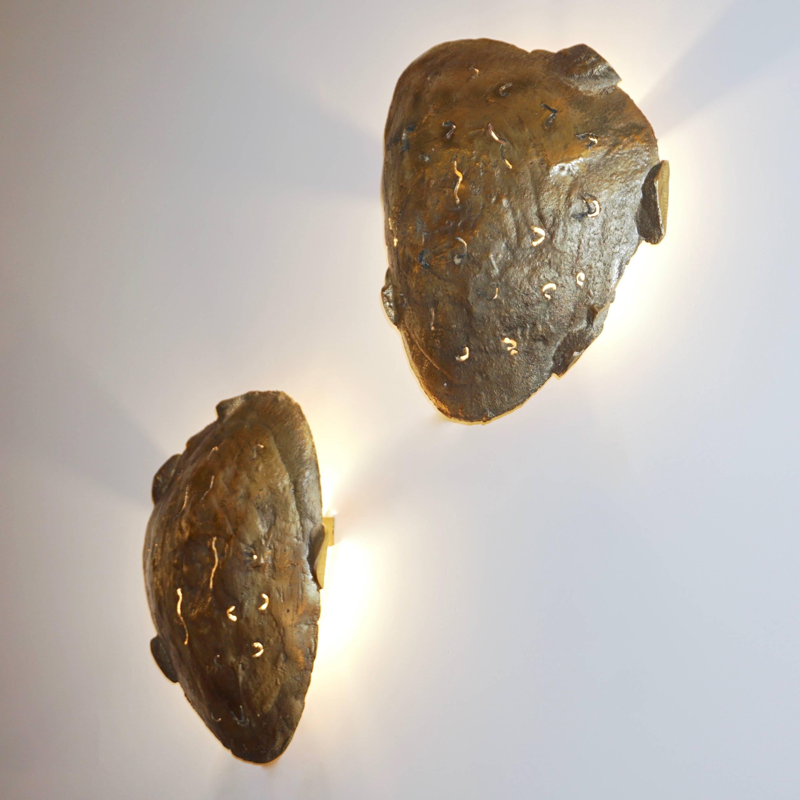 Hand-Crafted Italian Design Contemporary Pair of Brutalist Cast Bronze Sculpture Wall Lights For Sale