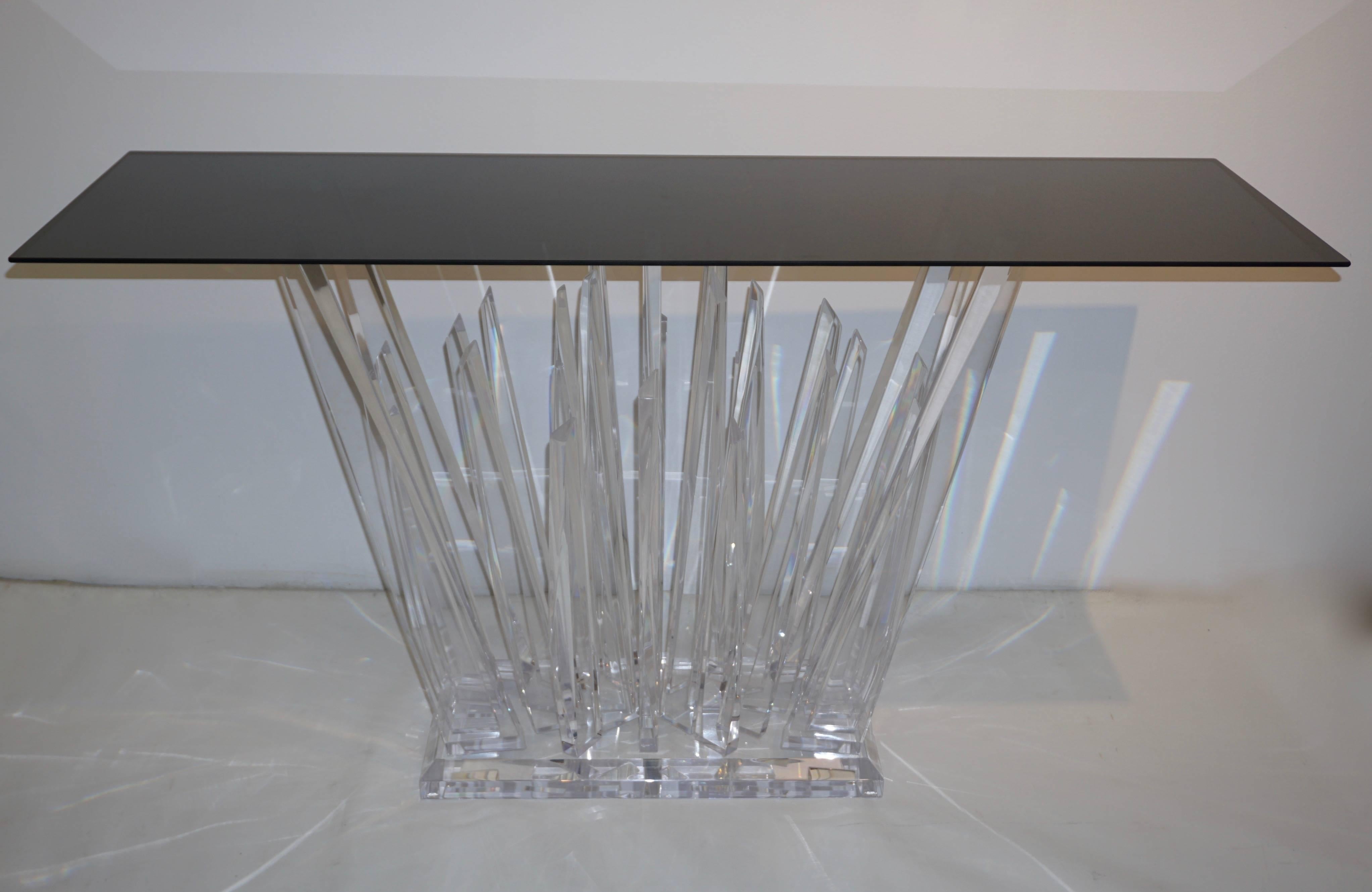 Rock Lucite Console of Modern Abstract Design with Smoked Black Glass Top In Excellent Condition In New York, NY