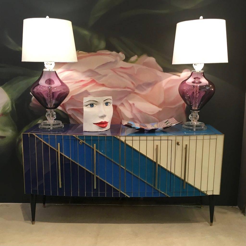 1990s Italian Modern Brass and Glass Bowed Sideboard in Blue and Cream White In Excellent Condition In New York, NY