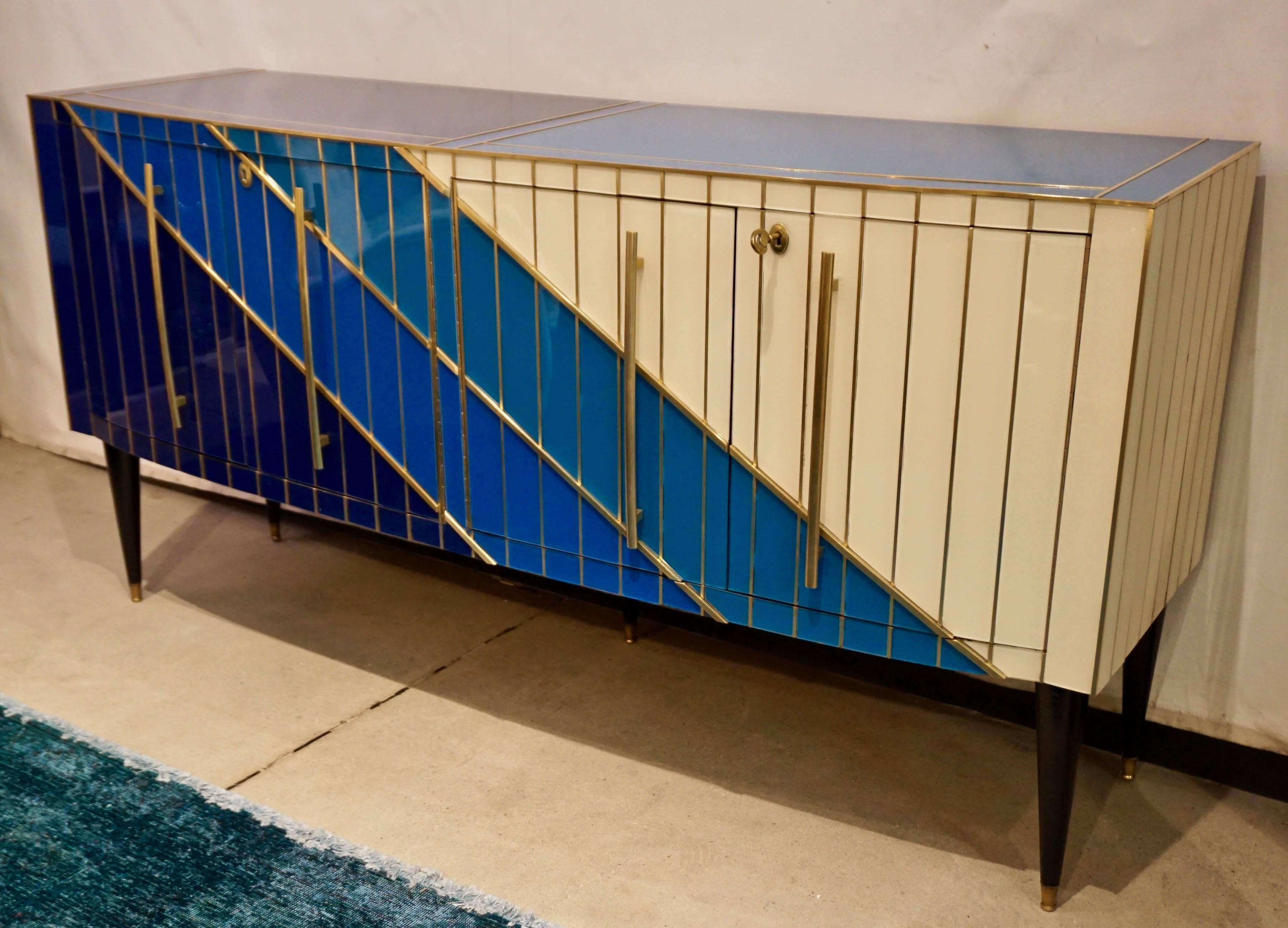 1990s Italian Modern Brass and Glass Bowed Sideboard in Blue and Cream White 3