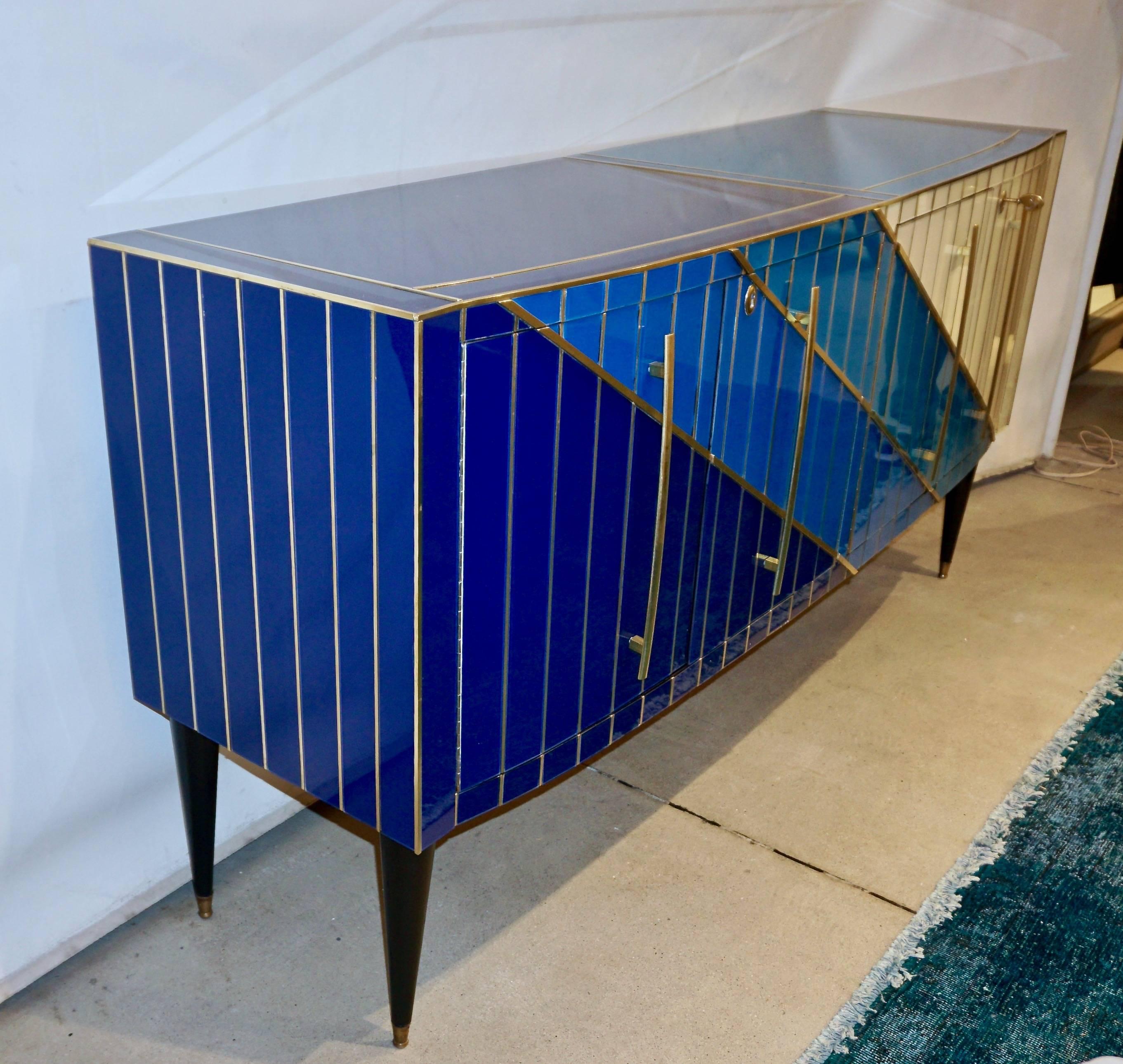 Late 20th Century 1990s Italian Modern Brass and Glass Bowed Sideboard in Blue and Cream White