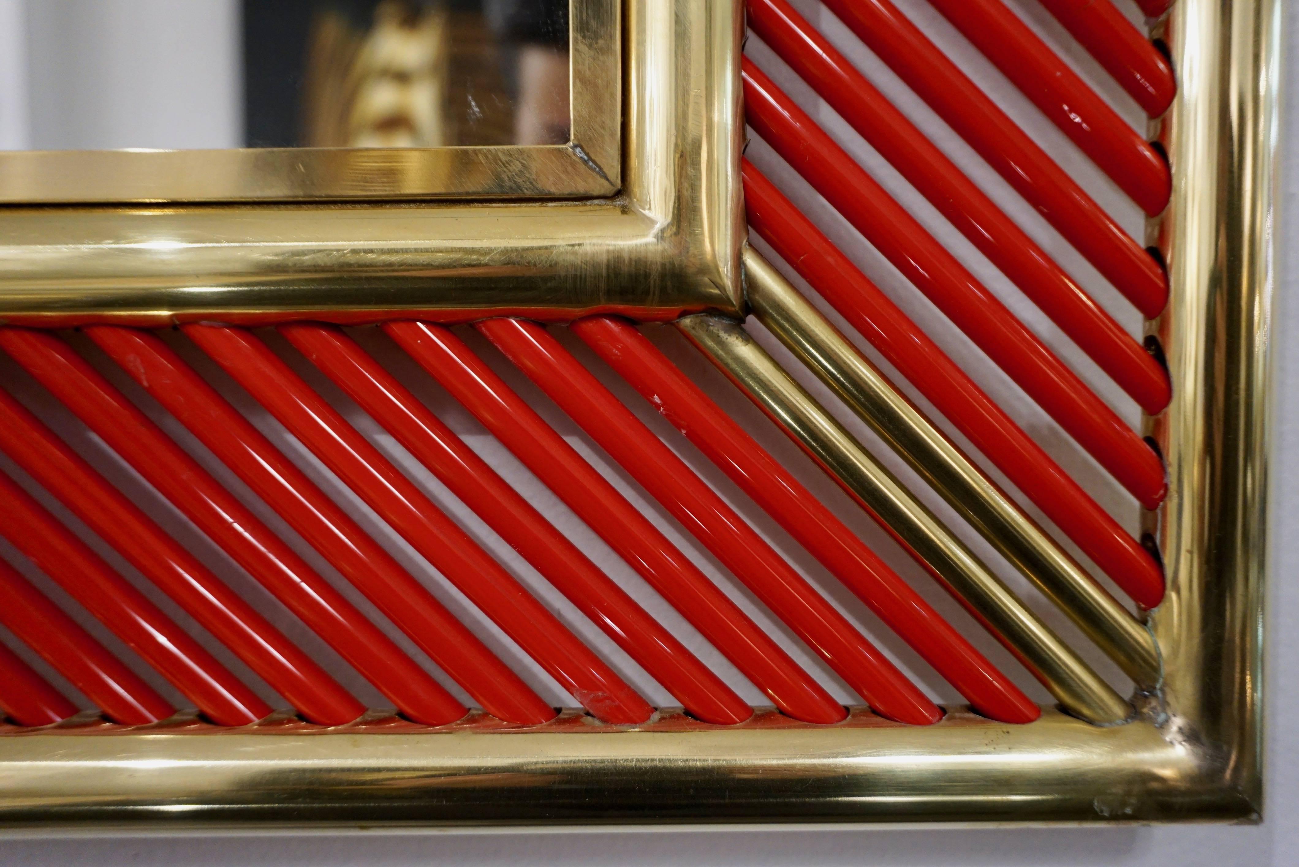 Italian Modern Brass Geometric Mirror with Red Murano Glass Baguettes In Excellent Condition In New York, NY