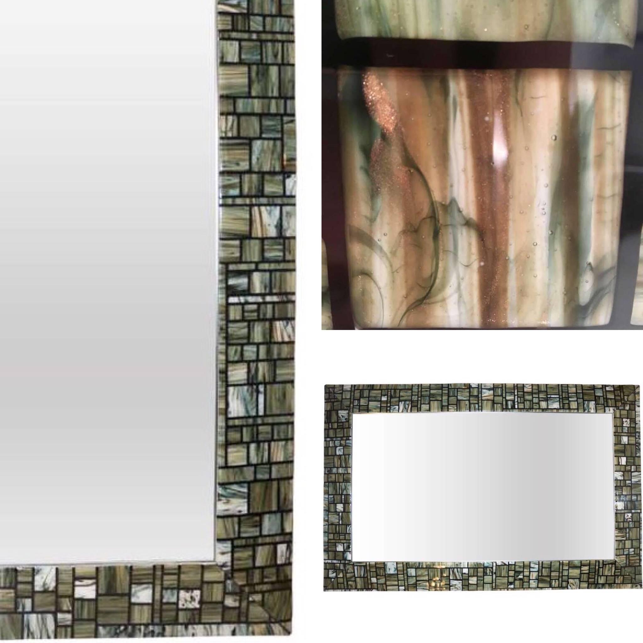 Contemporary Modern Italian Green Cream Caramel White and Black Murano Glass Mosaic Mirror For Sale