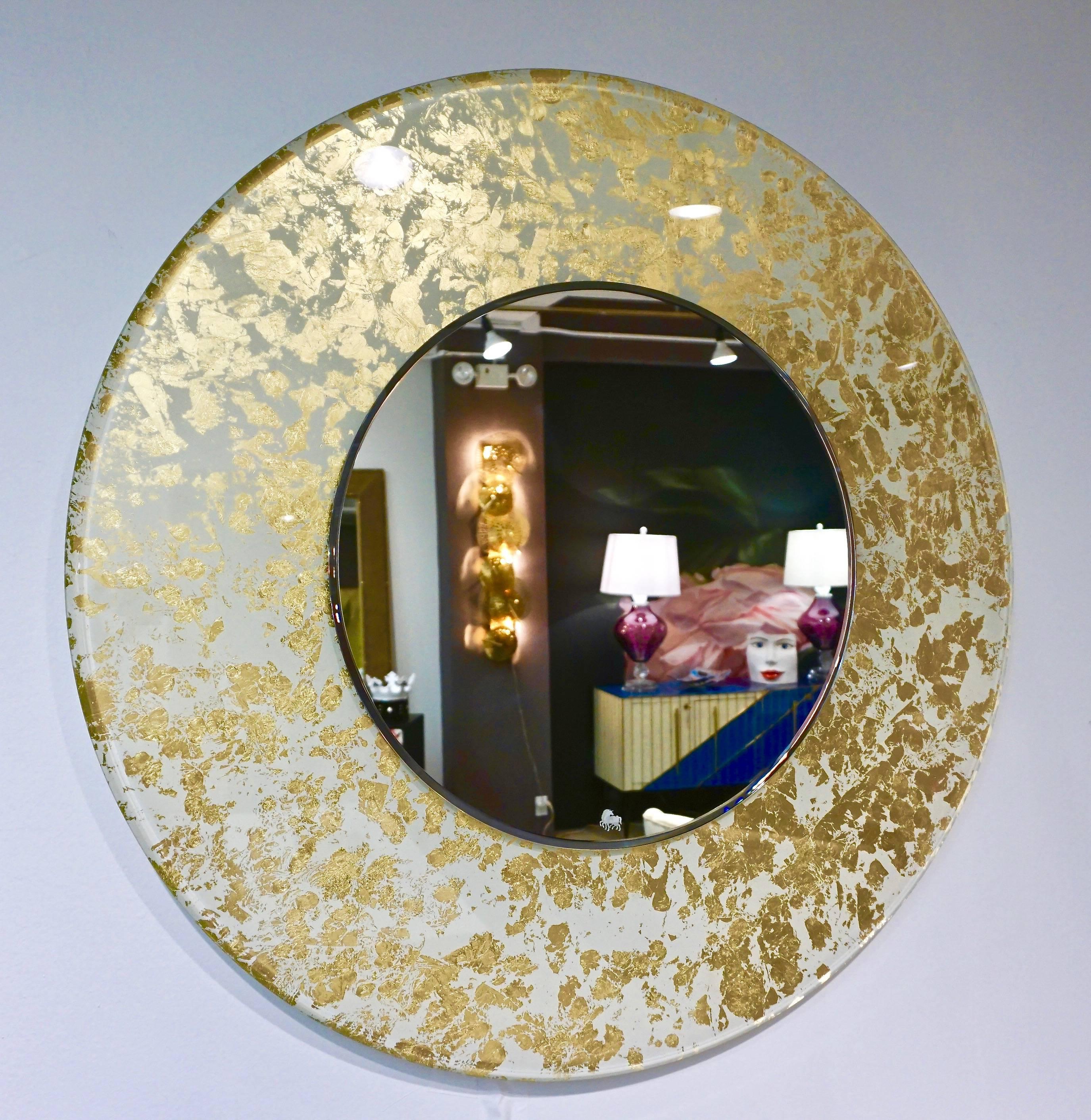 Hand-Painted Contemporary Italian Organic Modern Ivory White and Gold Leaf Round Lit Mirror For Sale