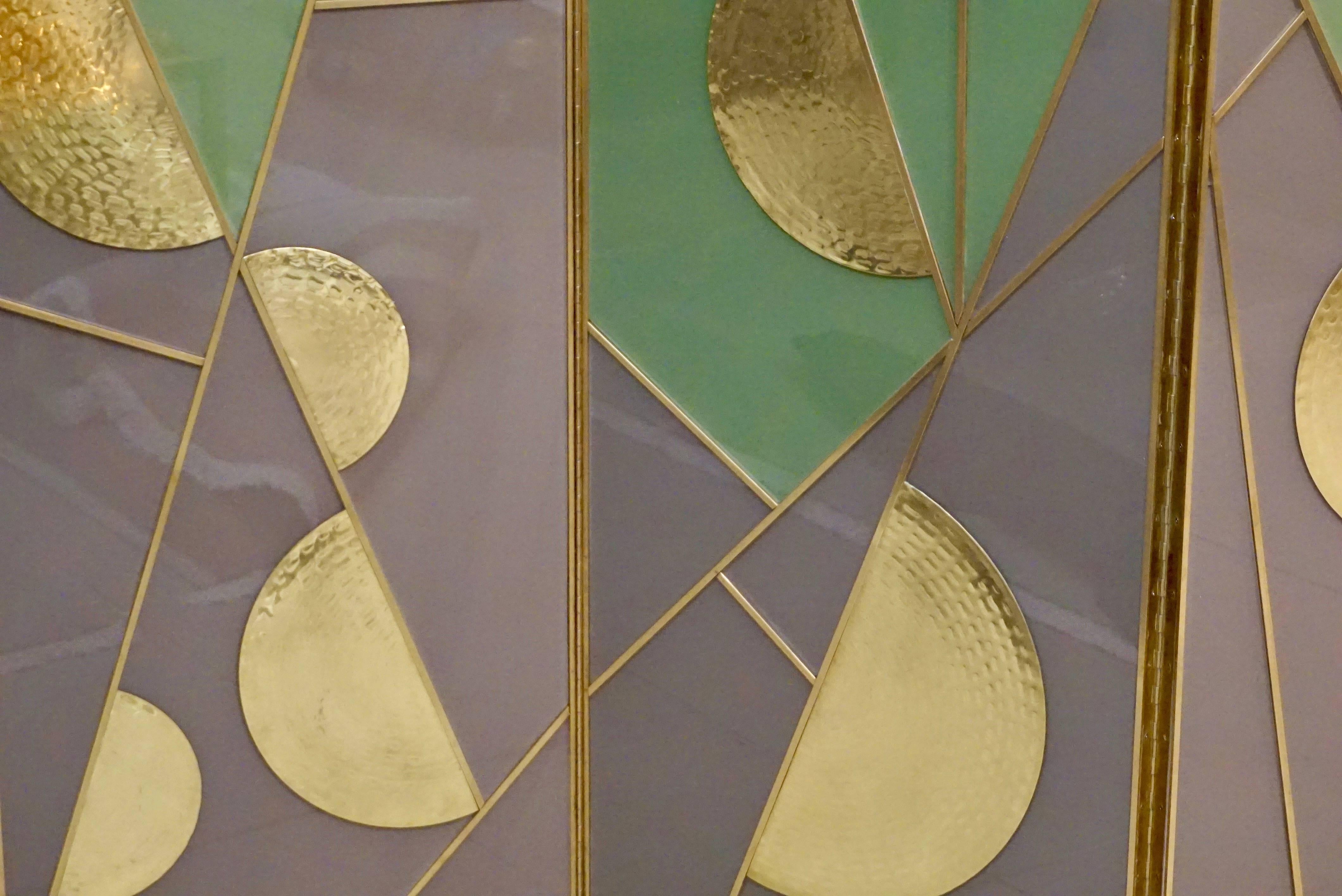 1980s Italian Art Deco Design Brass & Mint Green Gray Yellow White Glass Screen 3