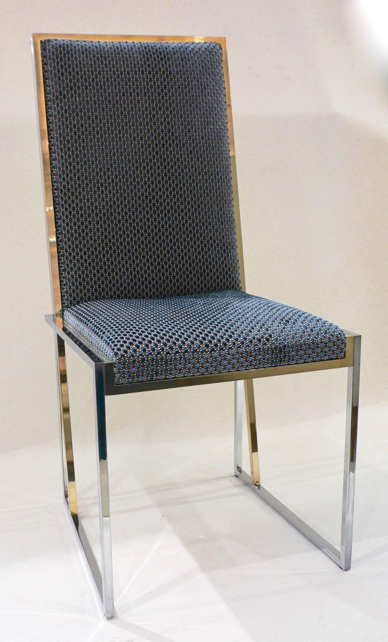 Late 20th Century Liwan's 1970s Italian 6 Blue & Satin White Fabric Brass & Chrome Modern Chairs For Sale