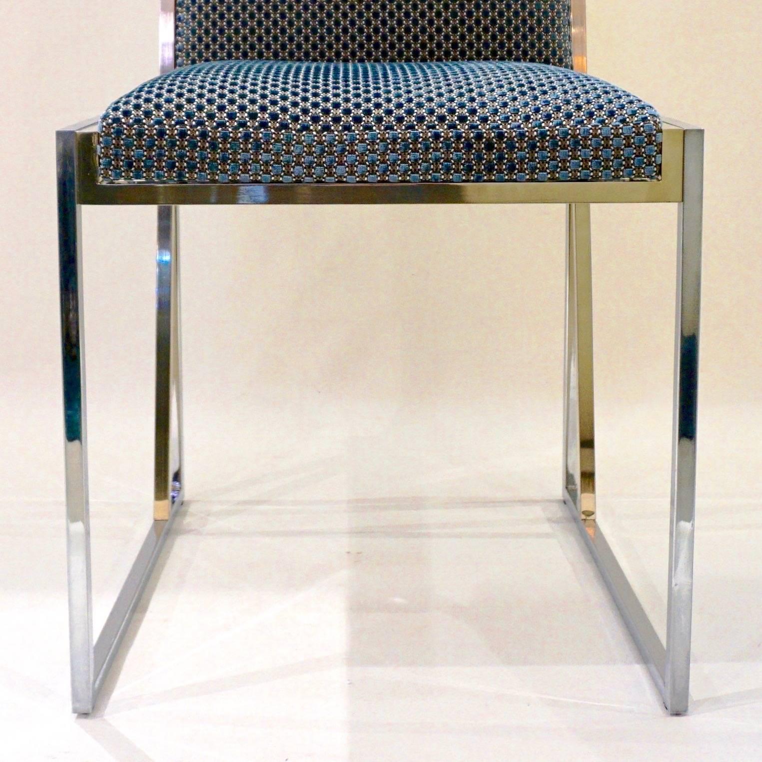 Liwan's 1970s Italian 6 Blue & Satin White Fabric Brass & Chrome Modern Chairs For Sale 1