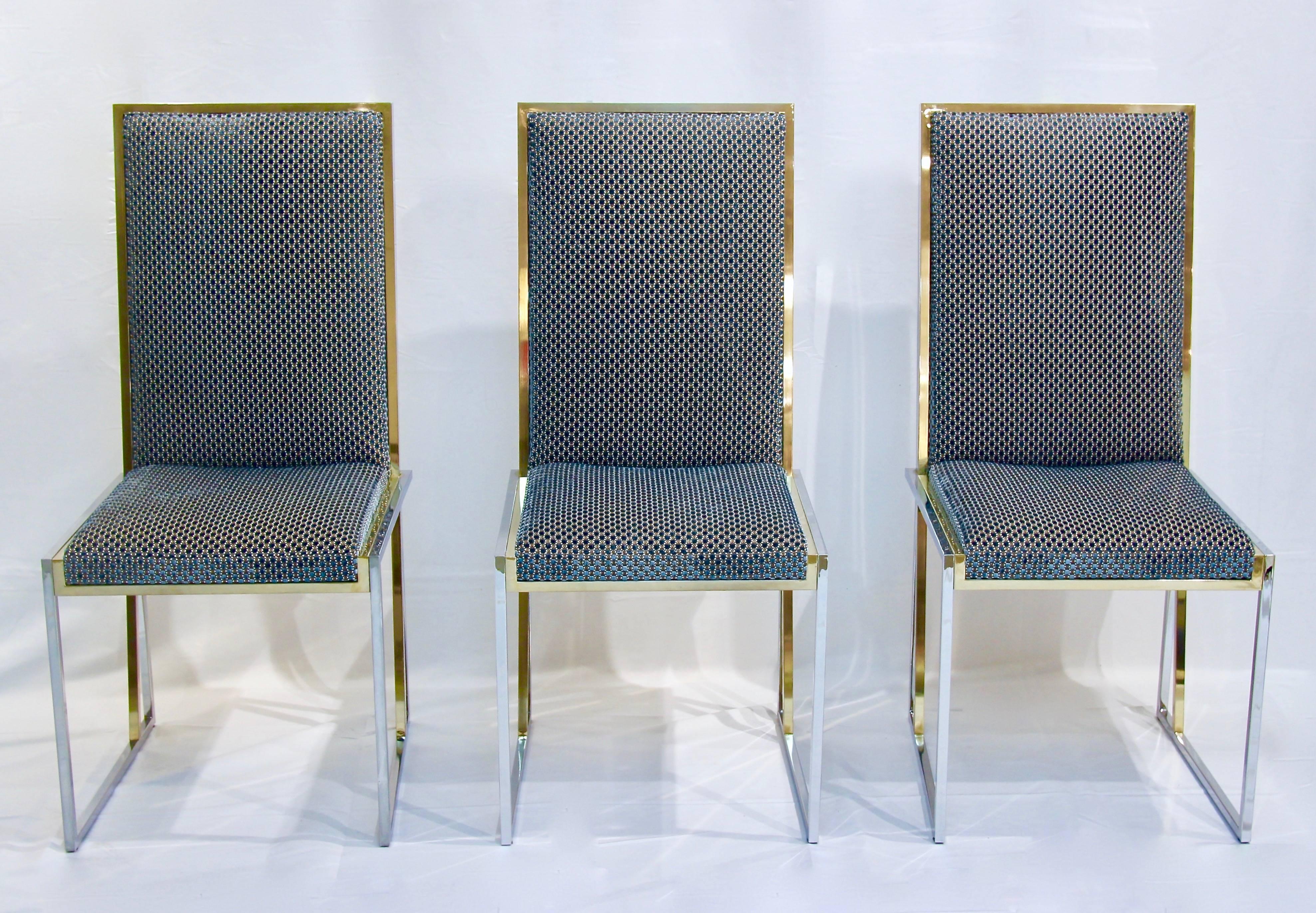 Minimalist Liwan's 1970s Italian 6 Blue & Satin White Fabric Brass & Chrome Modern Chairs For Sale