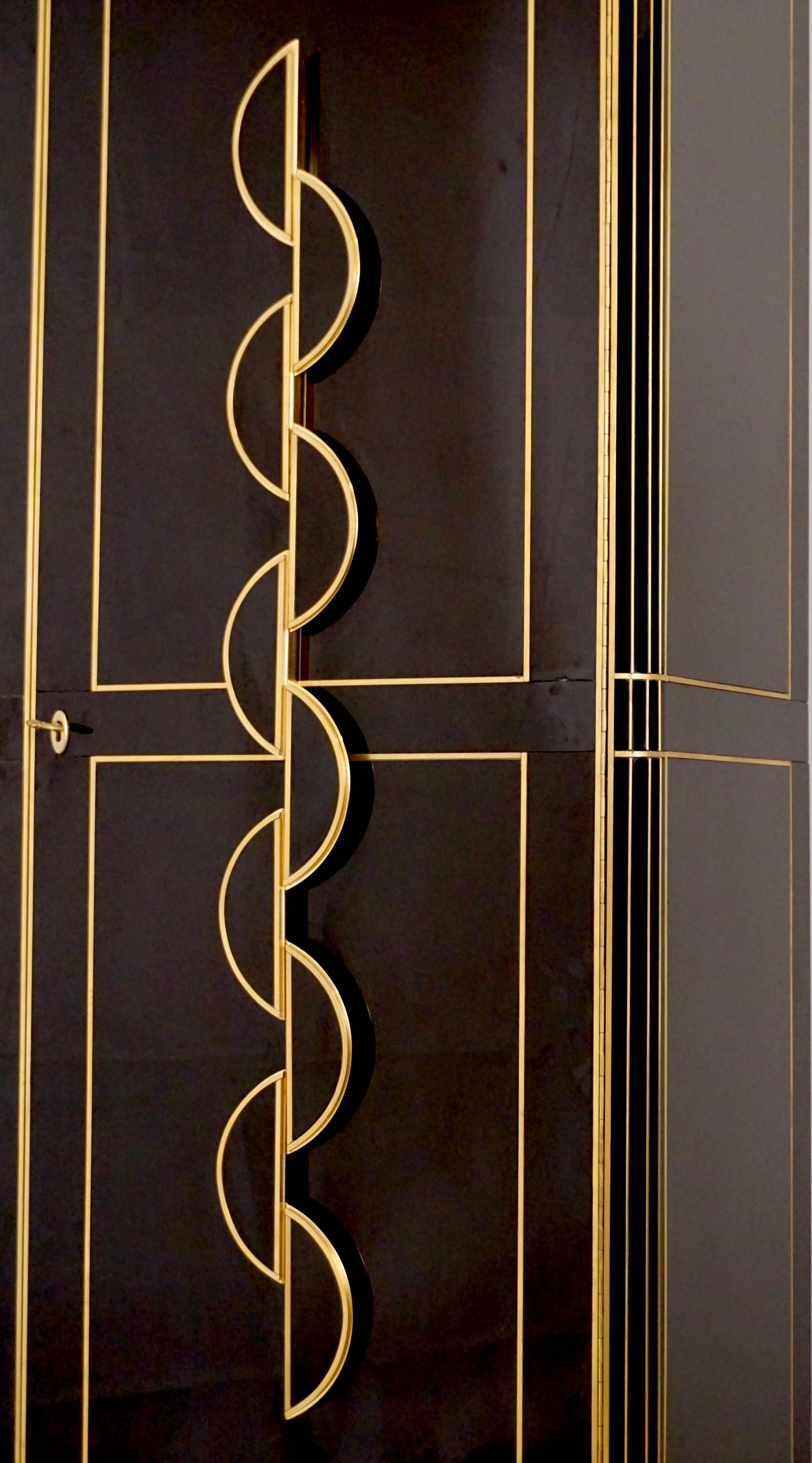 Hand-Crafted 1970s Italian Art Deco Design Gold Brass and Black Glass Tall Cabinet / Bar