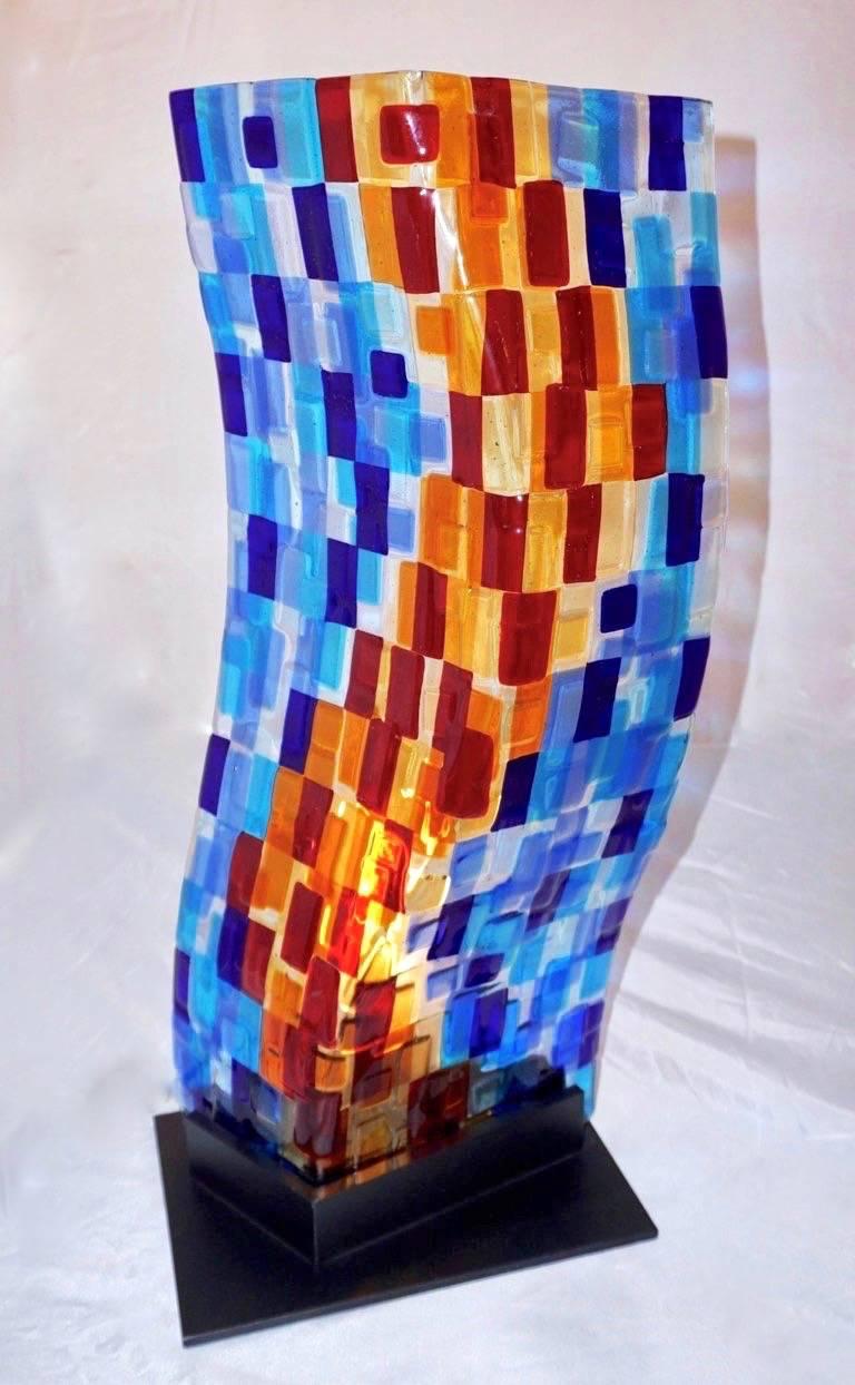 Contemporary Italian Aqua Blue Red Yellow Murano Glass Mosaic Sculpture Lamp For Sale 1