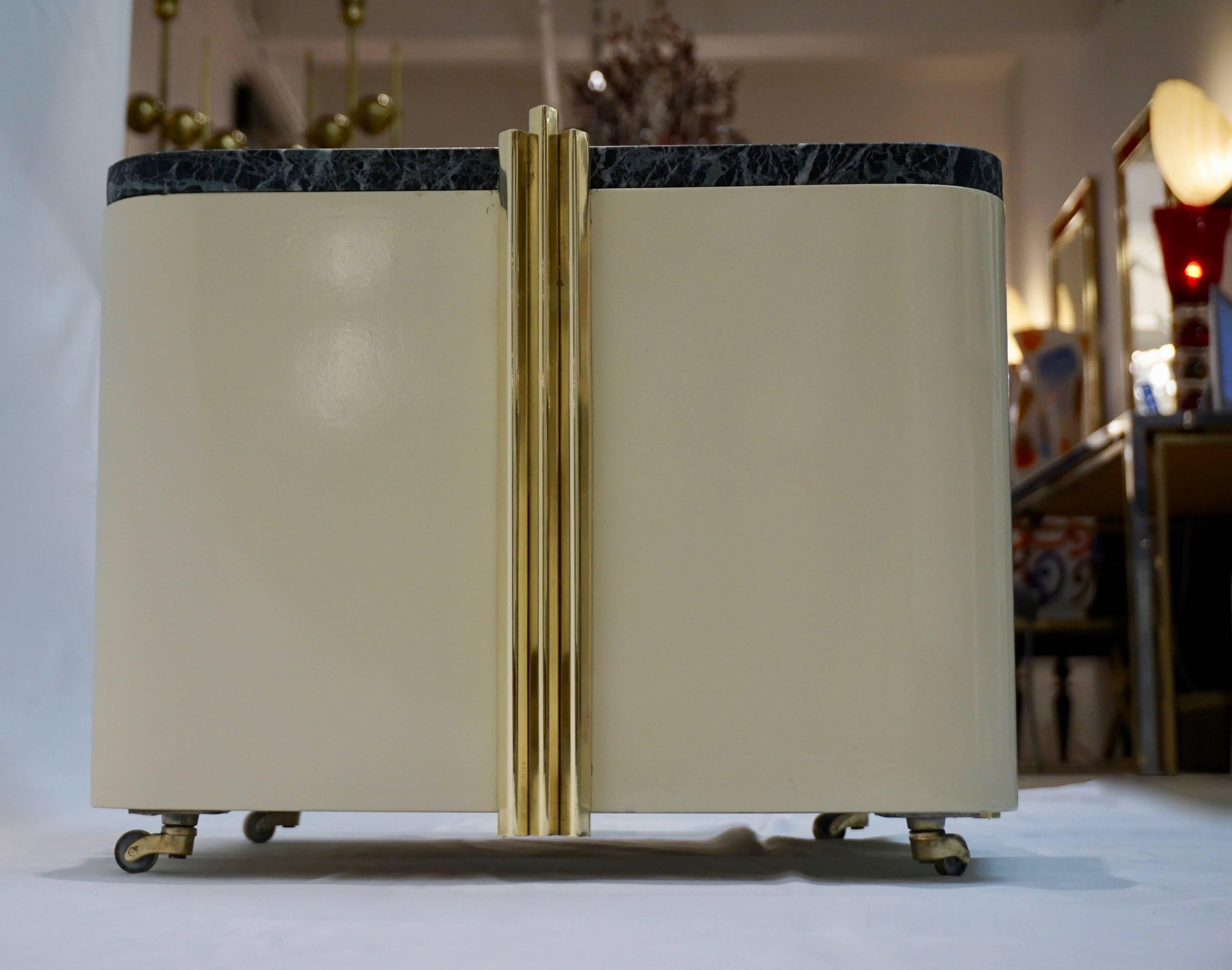 Hand-Crafted 1970s Italian Pair of Cream White Lacquered & Green Marble Side Tables or Stools