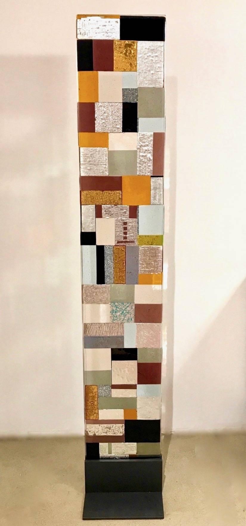 Contemporary modern Murano Art glass sculpture, a decorative panel displayed on a dark gray iron base, realized as a colorful Mosaic, gray, yellow, burgundy, white and black murrine, aqua blue, amethyst purple glass with silver and gold accents,