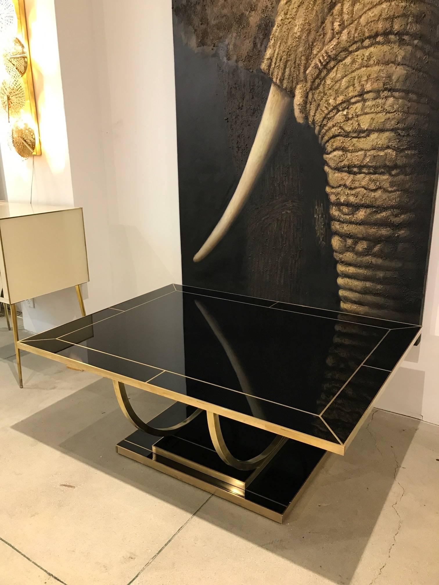 Contemporary Art Deco Italian Black Glass and Brass Coffee Table on Curved Legs 1