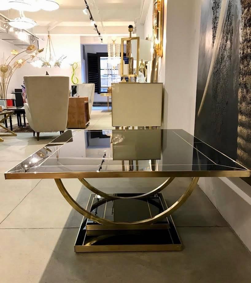 Contemporary Art Deco Italian Black Glass and Brass Coffee Table on Curved Legs 2