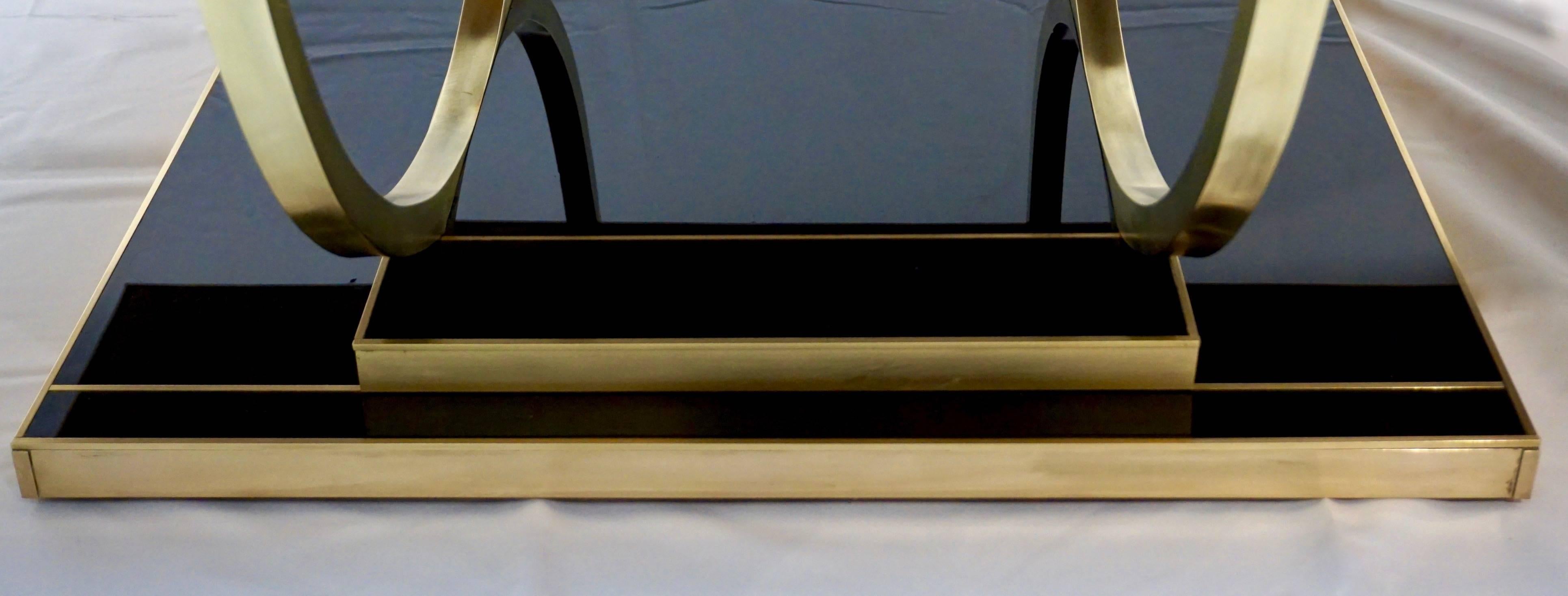Contemporary Art Deco Italian Black Glass and Brass Coffee Table on Curved Legs 3