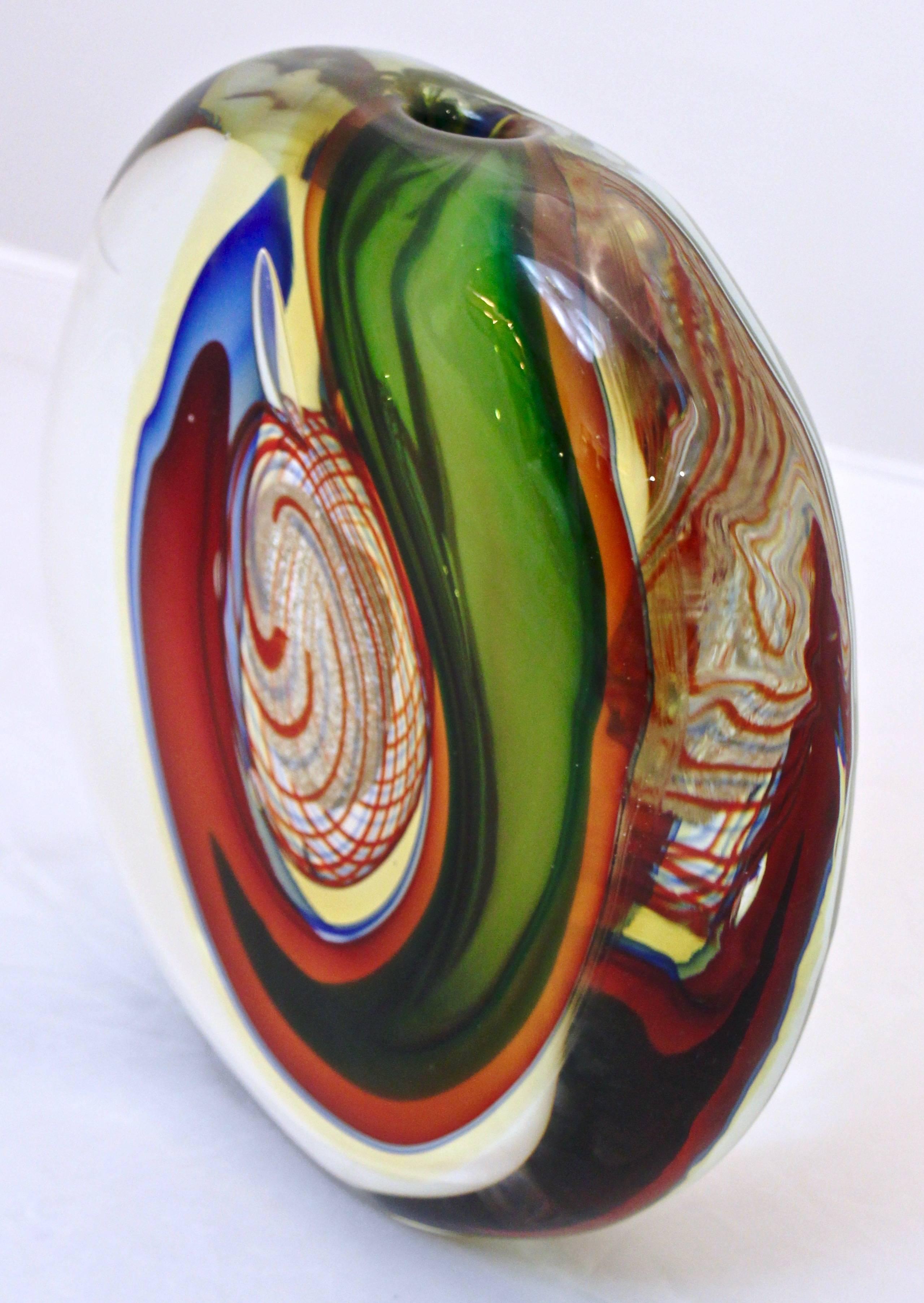 Late 20th Century Barbini 1970s Modern Red Green Blue Gold Crystal Murano Art Glass Sculpture Vase
