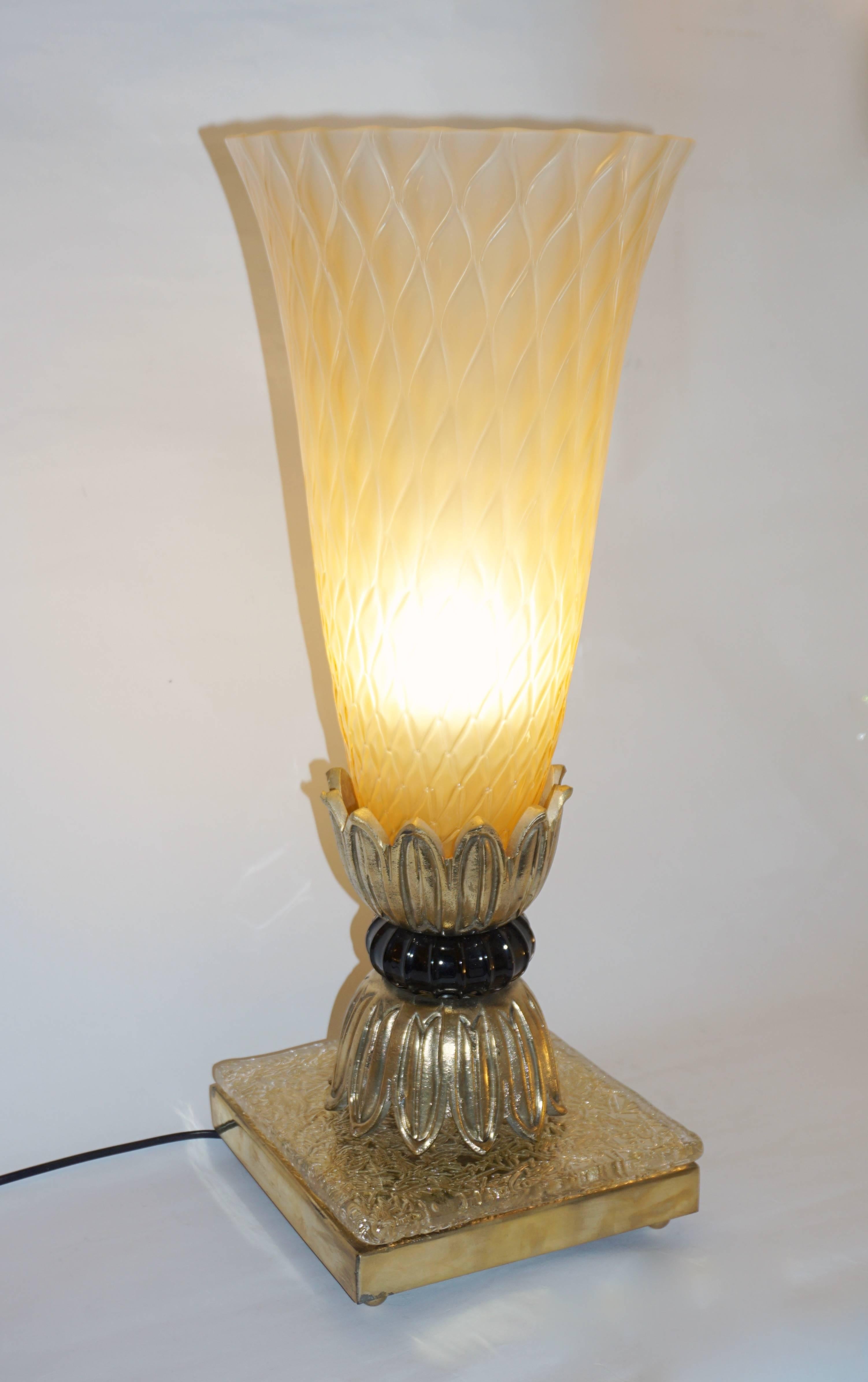 Late 20th Century Pair of Bronze and Gold Honeycomb Murano Glass Lamps attributed Barovier & Toso