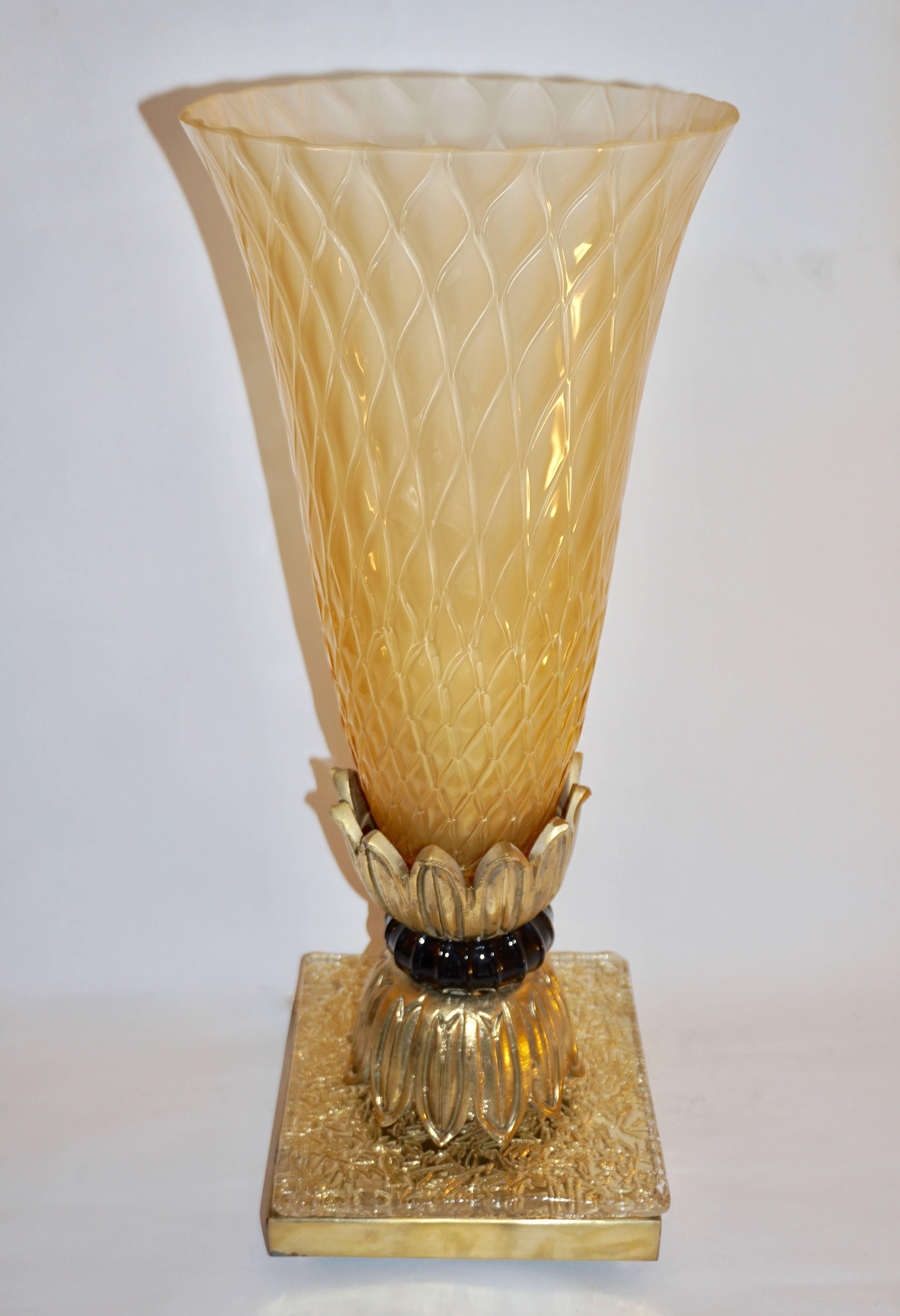 Pair of Bronze and Gold Honeycomb Murano Glass Lamps attributed Barovier & Toso 1