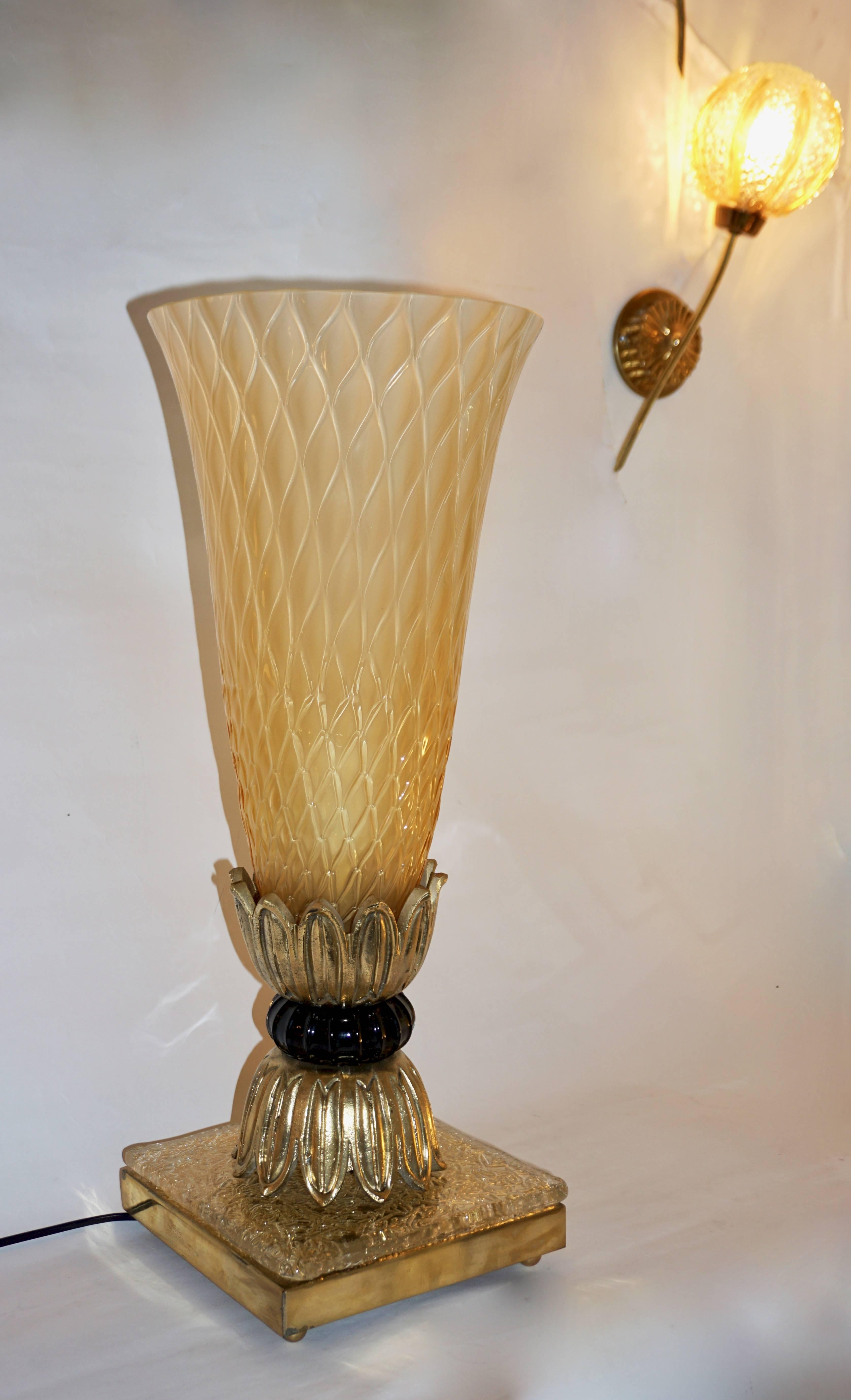 Pair of Bronze and Gold Honeycomb Murano Glass Lamps attributed Barovier & Toso 3
