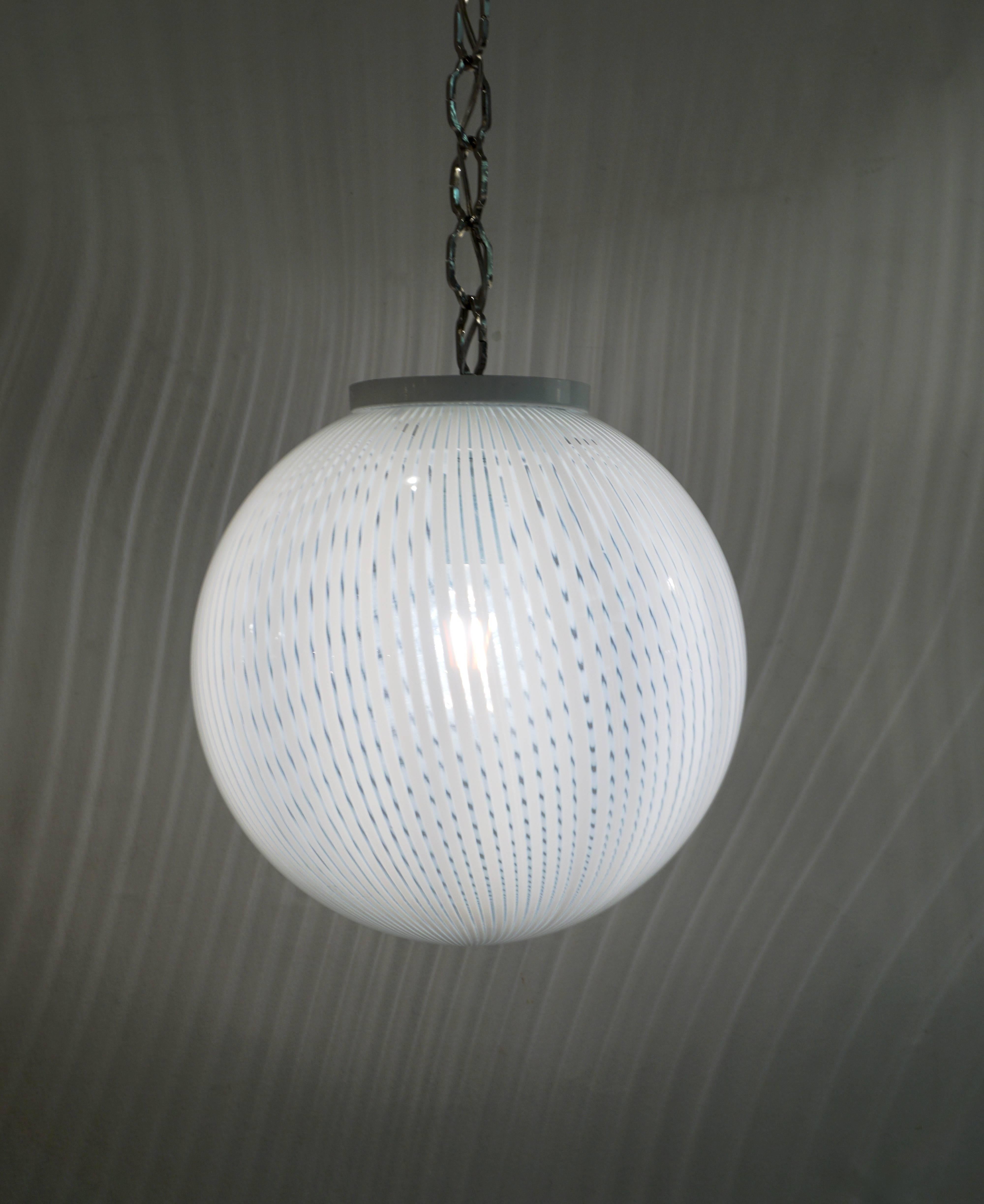 Aluminum De Santillana, 1970s Italian Pair of White Murano Glass Globe Pendants by Venini