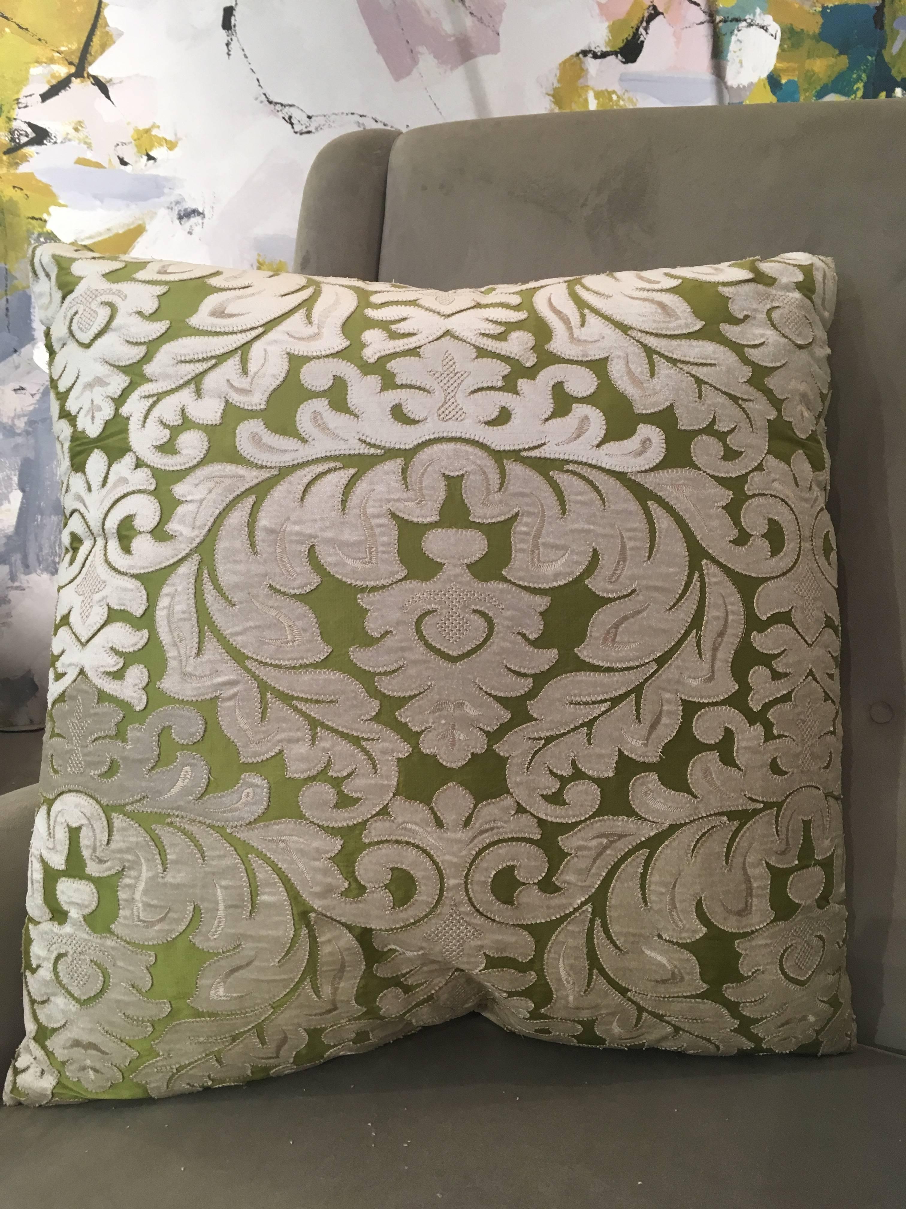 Organic Modern Contemporary French Green and Ivory White Damask Velvet Throw Pillows