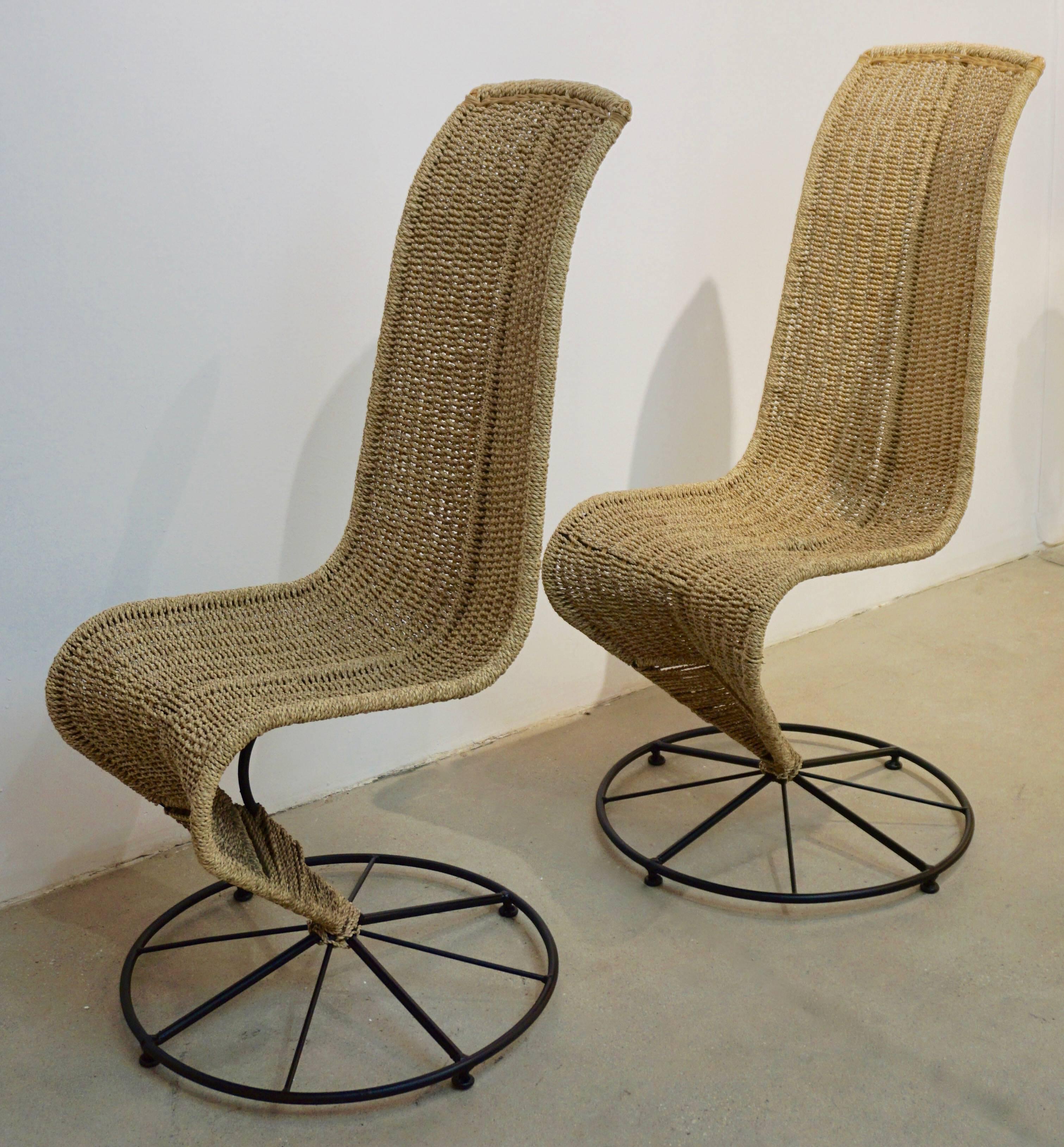 Marzio Cecchi 1970, Italian Pair of Black Lacquered and Beige Wicker Rope Chairs 4