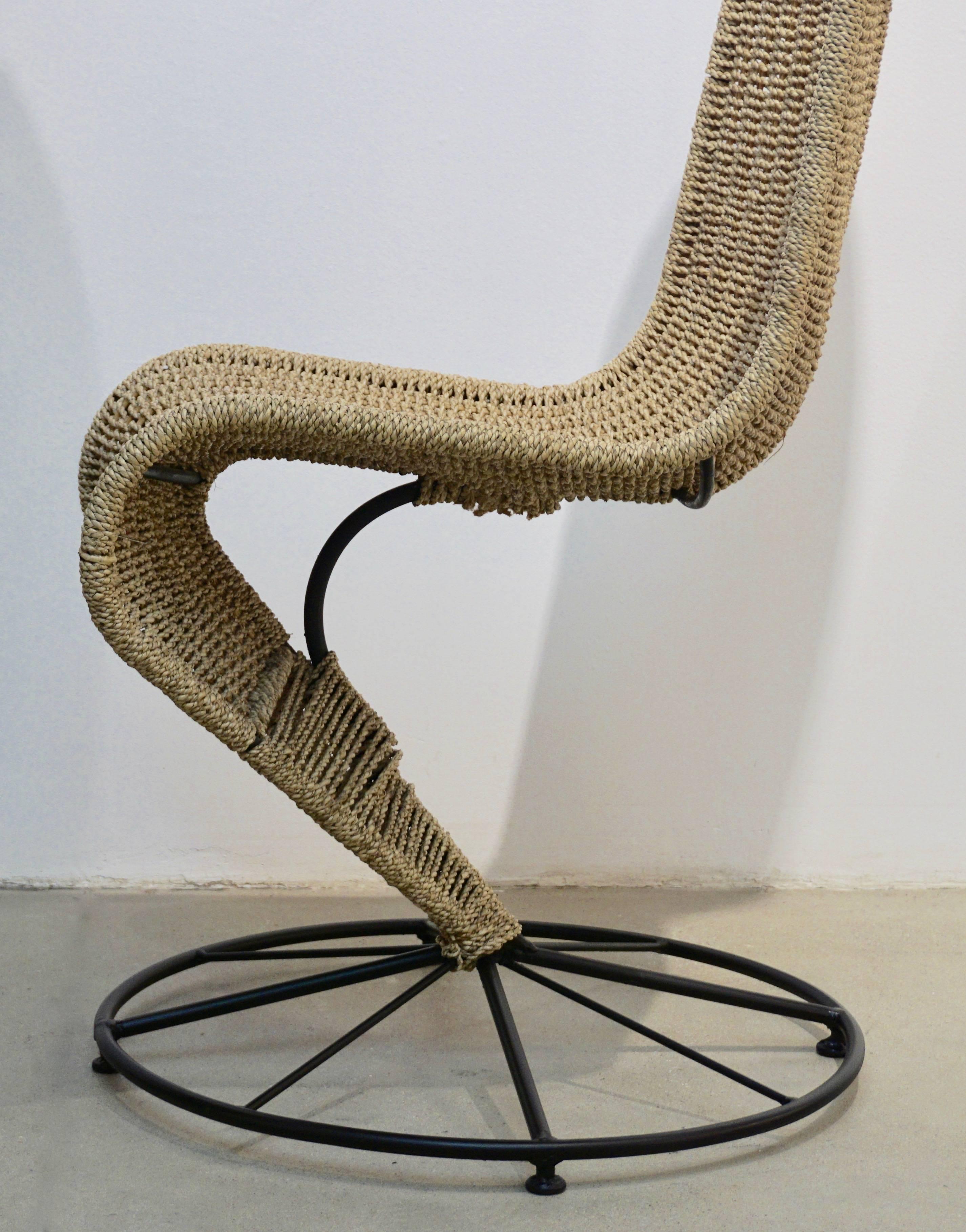 Marzio Cecchi 1970, Italian Pair of Black Lacquered and Beige Wicker Rope Chairs 2