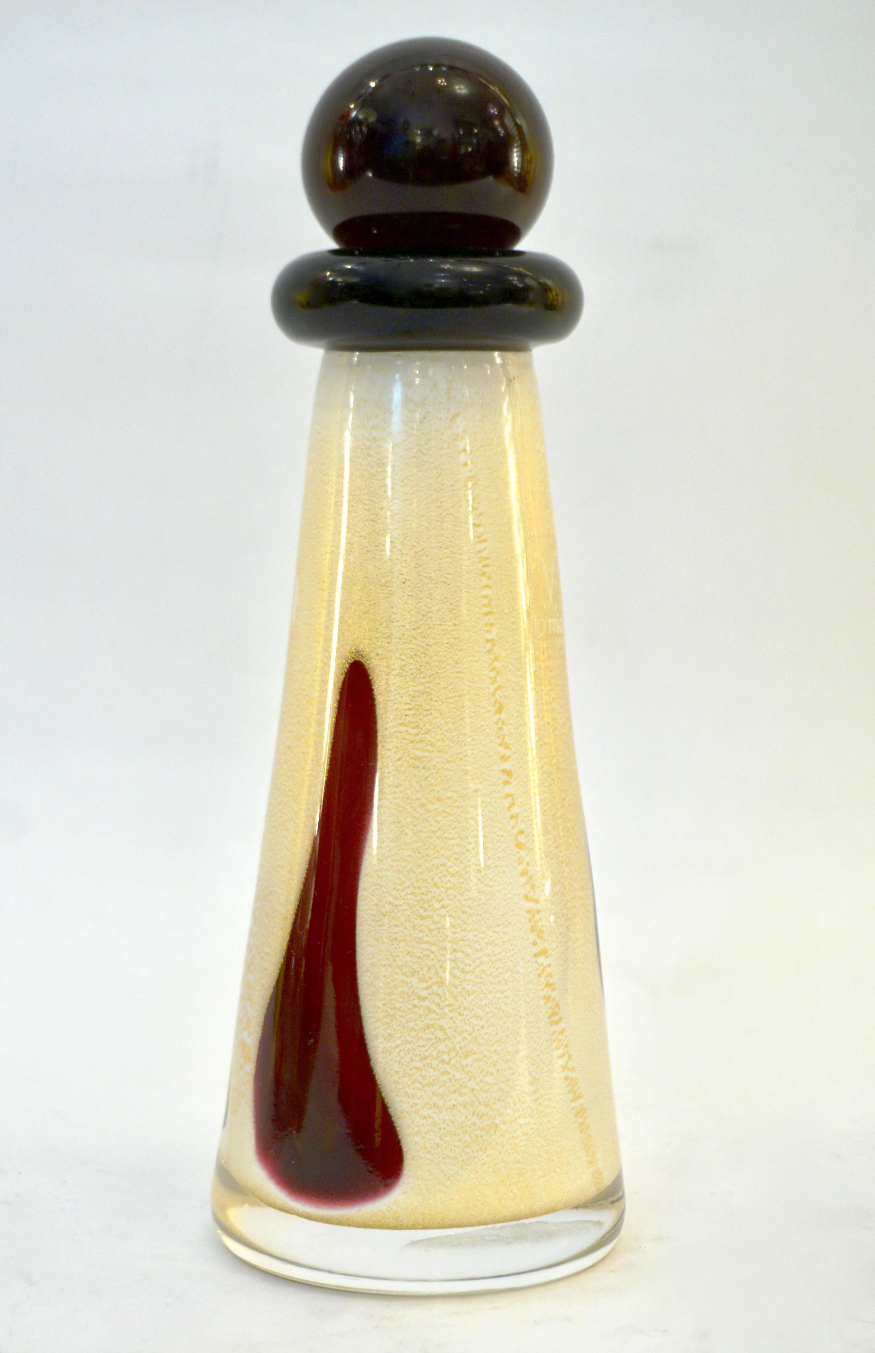 Hand-Crafted 1980 Italian Ivory Gold Black and Burgundy Red Murano Glass Perfume Bottle