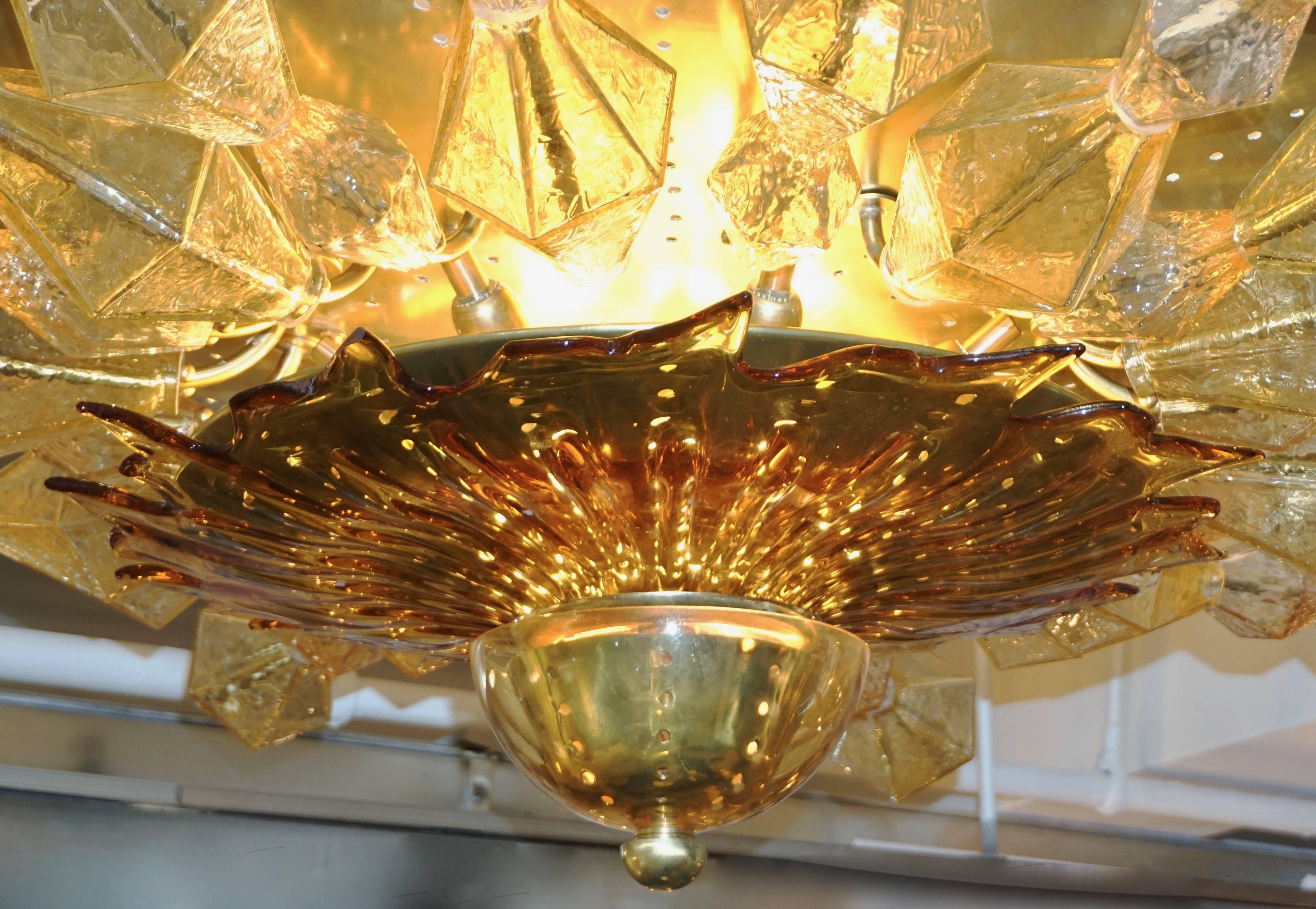 Late 20th Century 1980s Italian Unique Gold Brass and Amber Murano Glass Sunburst Flush Mount