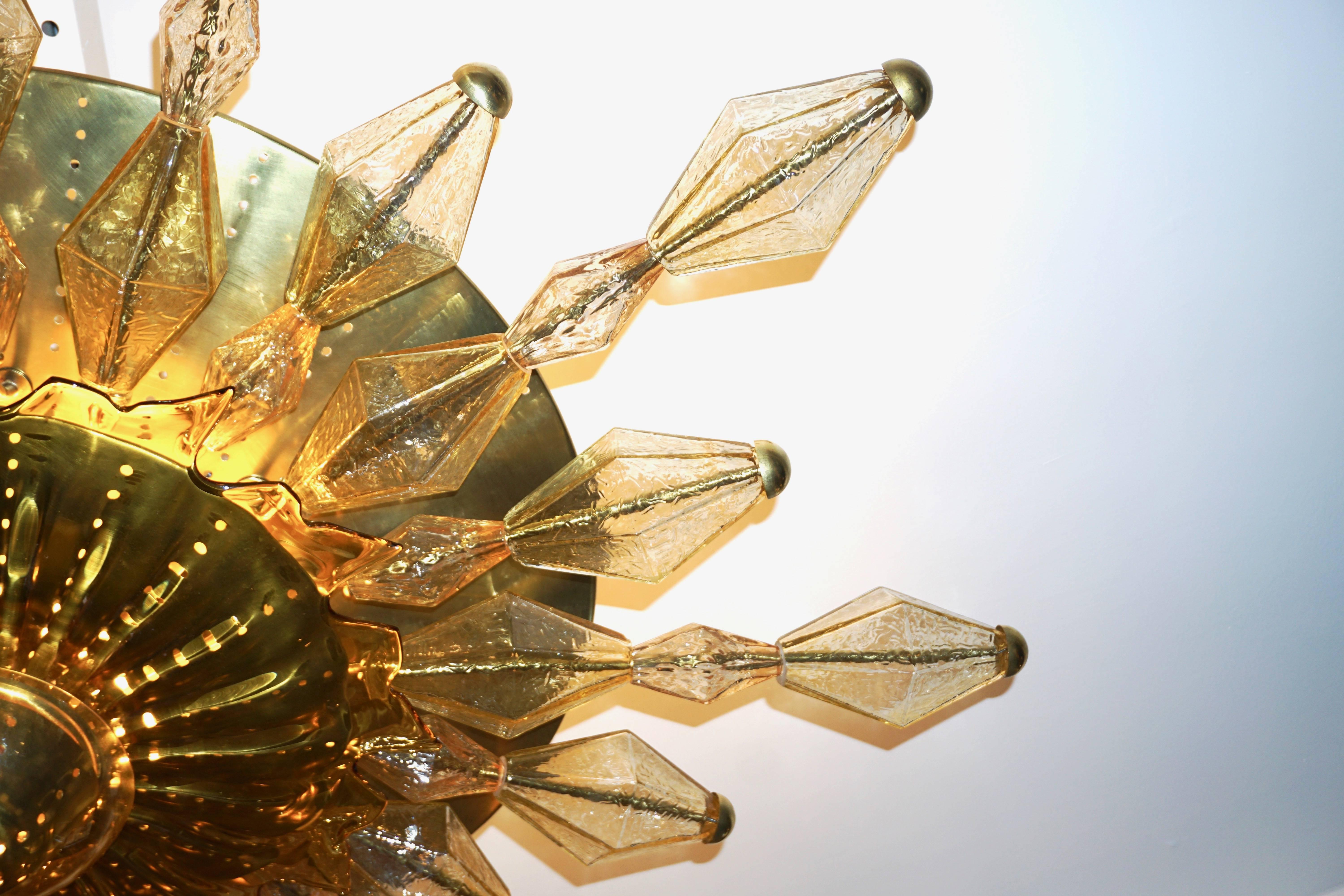 1980s Italian Unique Gold Brass and Amber Murano Glass Sunburst Flush Mount 1
