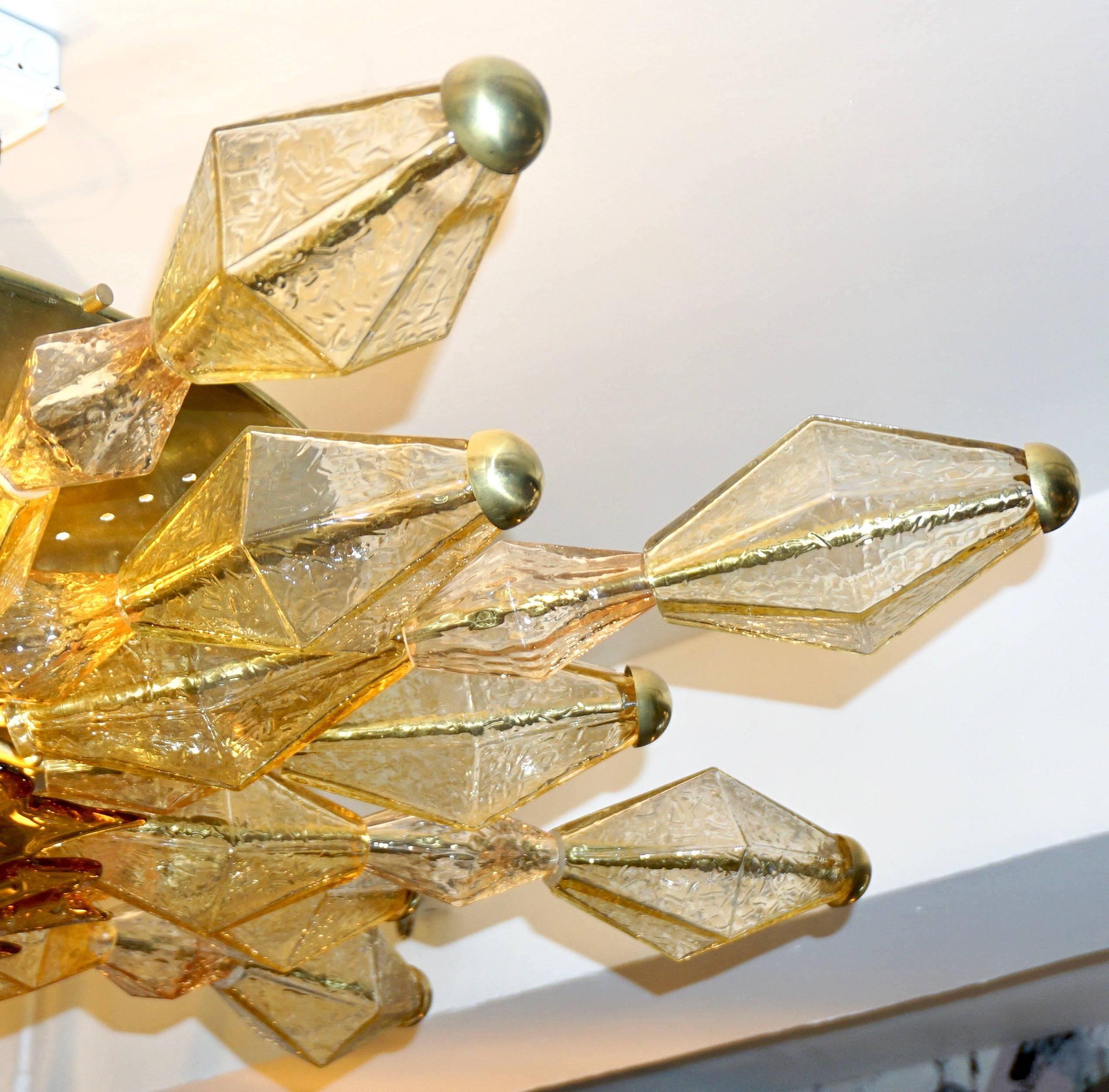 1980s Italian Unique Gold Brass and Amber Murano Glass Sunburst Flush Mount 3