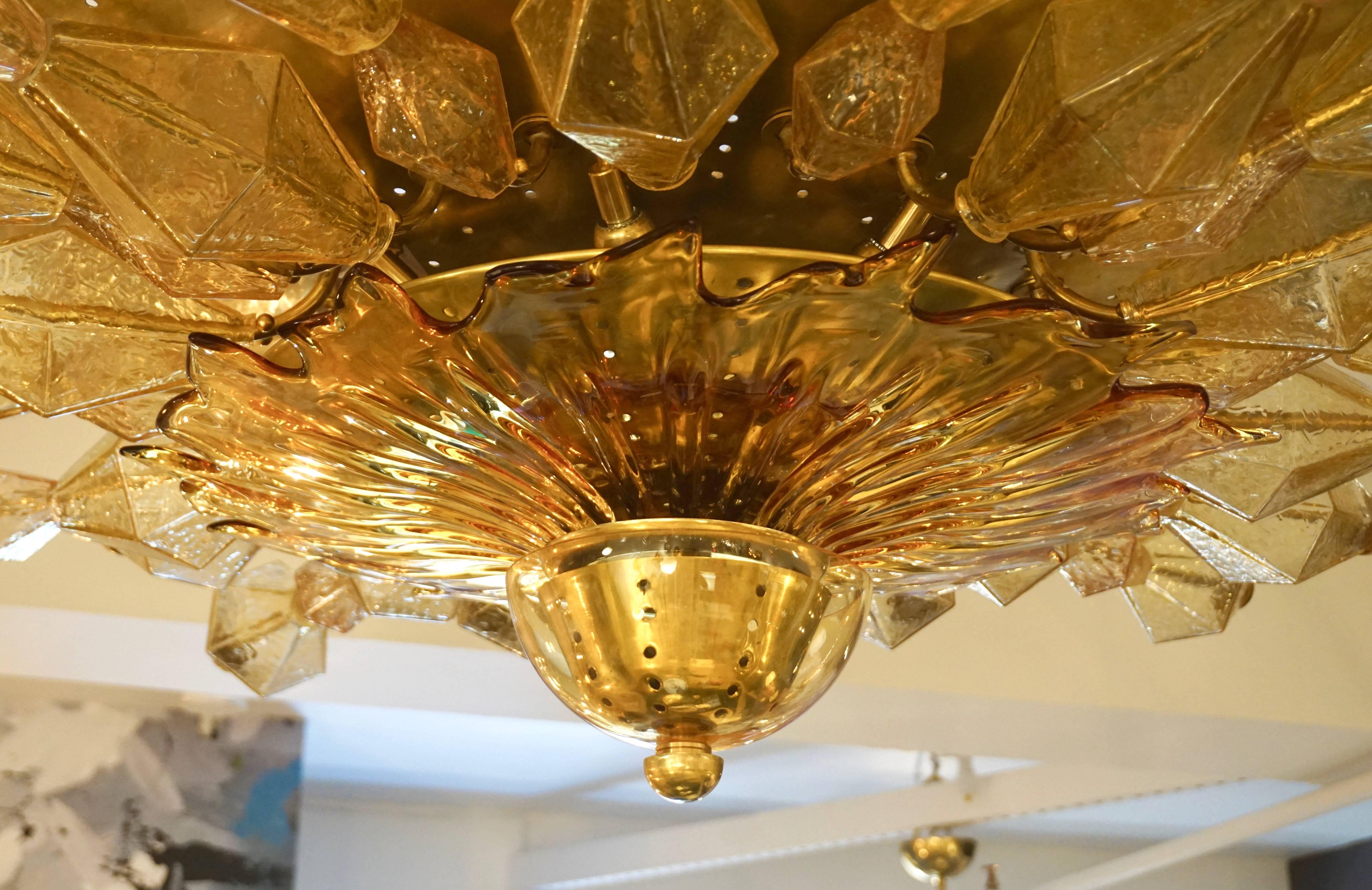 1980s Italian Unique Gold Brass and Amber Murano Glass Sunburst Flush Mount In Excellent Condition In New York, NY