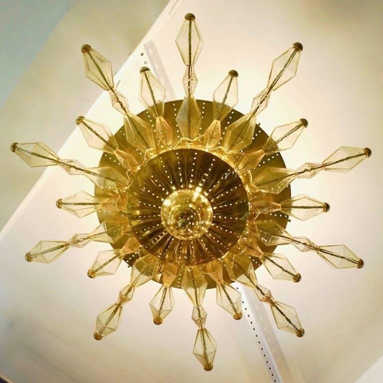 Organic Modern 1980s Italian Unique Gold Brass and Amber Murano Glass Sunburst Flush Mount